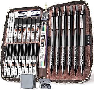 30Pcs Art Metal Mechanical Pencil Set with Leather Case, 6PCS Art Drafting Pencils 0.5, 0.7, 0.9, 2.0MM Mechanical Drawing Pencils with 300PCS Leads for Writing Sketching Drawing (Black)