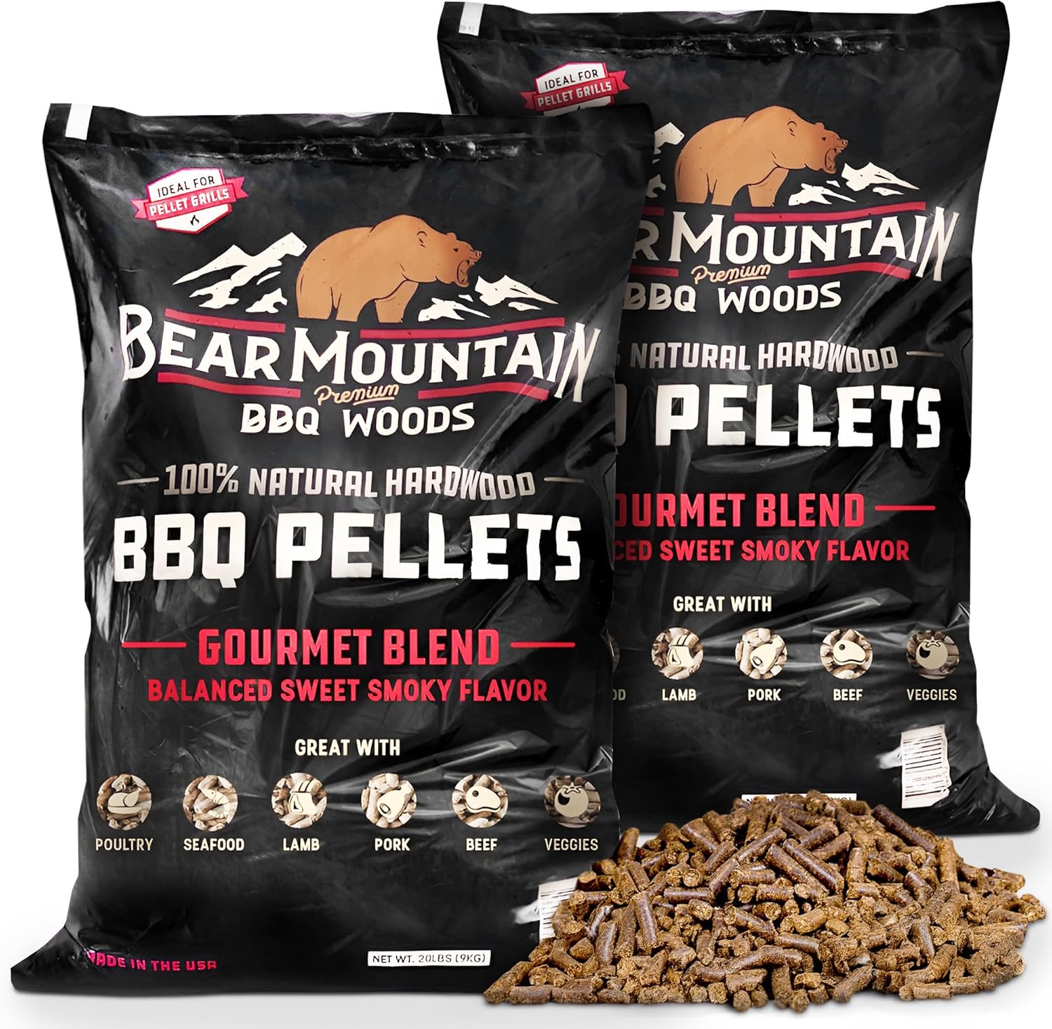 Bear Mountain 2-Pack Wood Pellets for Smoker, Grill & BBQ, 20 Lbs, Gourmet Blend - Premium Hardwood Barbecue Pellets for Indoor and Outdoor Grilling