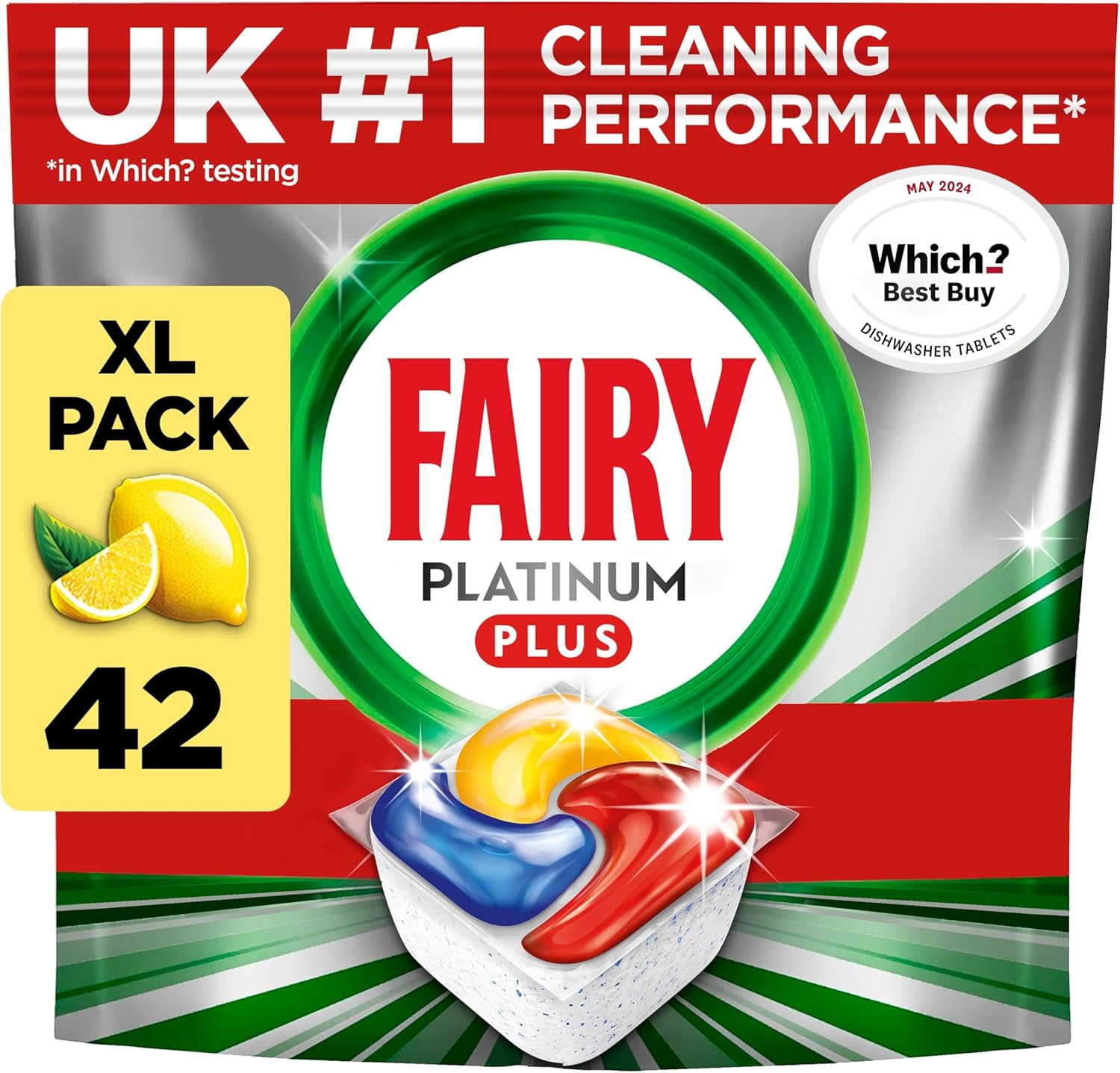 Fairy Platinum Plus Dishwasher Tablets – 42 Pack, Lemon, Anti-Dull Technology