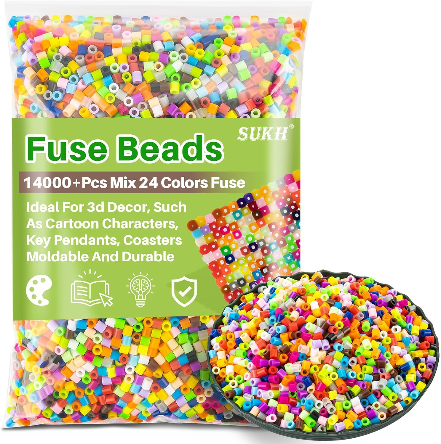 Sukh 14000+Pcs Fuse Beads Bulk - 5mm Melting Beads for Crafts, 24 Colors