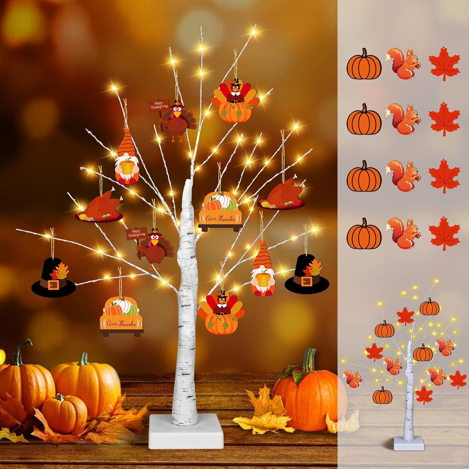 [Timer] Thanksgiving Birch Tree Lights, 24" Lighted Birch Tree with 24 PCS Fall & Thanksgiving Hanging Ornaments, Battery Operated BirchTree Fall Thanksgiving Decorations Indoor Table Bedroom Home