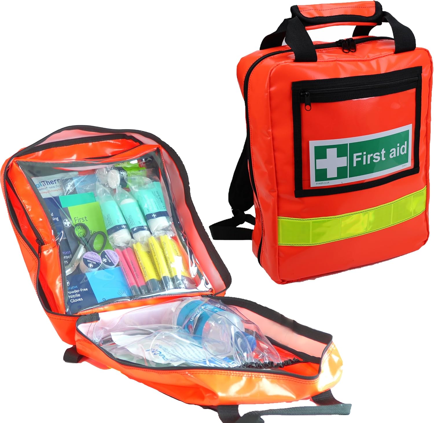 EVAQ8 British Standard Compliant First Response First Aid Kit in a Outdoor High Visibility Orange Rucksack Includes an Accident Book