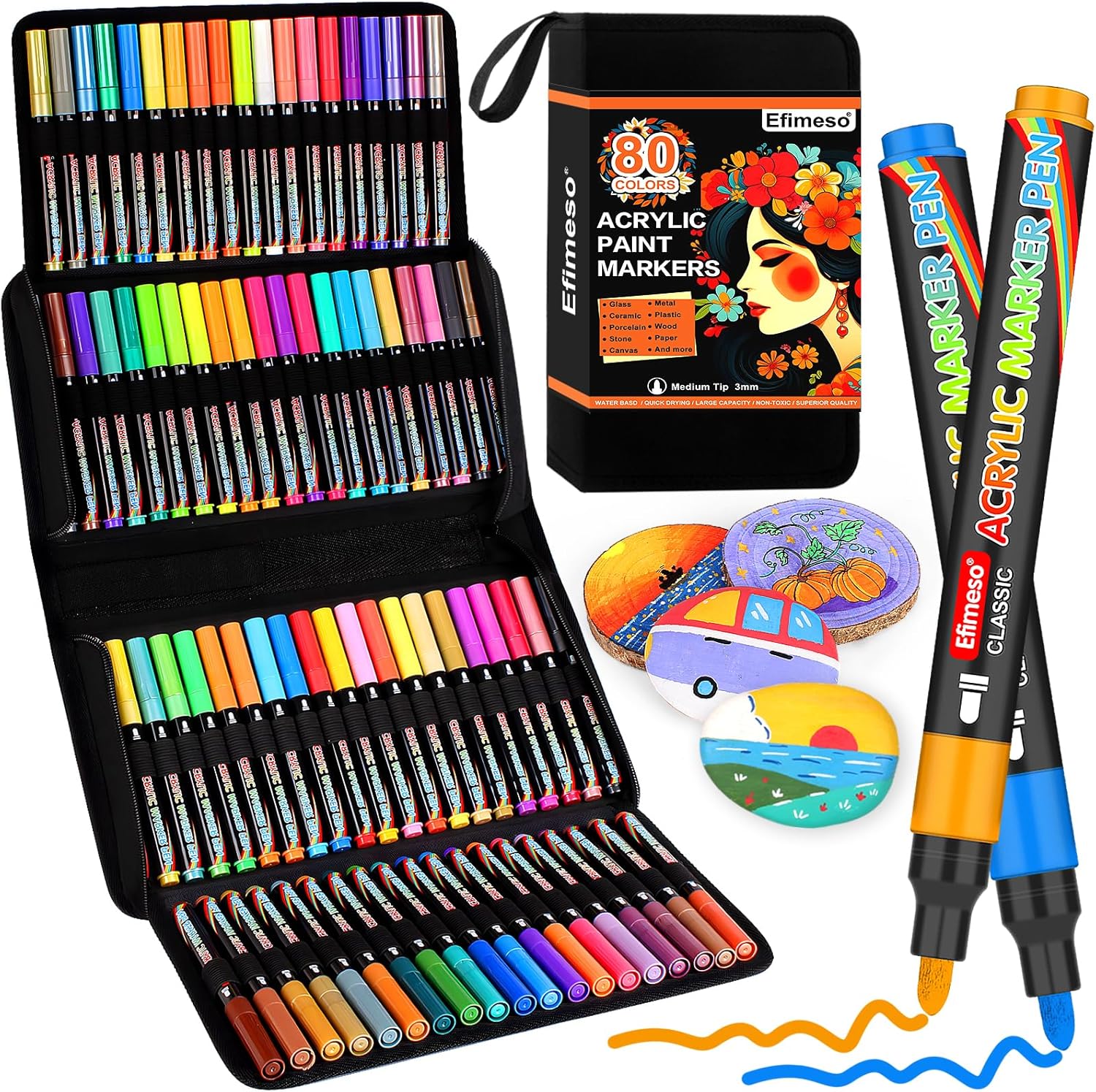 Efimeso Acrylic Paint Pens, 80 Colors Paint Markers for Rock Painting, Canvas, Wood, Stone, Ceramic, Glass, Fabric, 3mm Medium Tip Acrylic Pens Markers for Adults DIY Crafts & Art Supplies