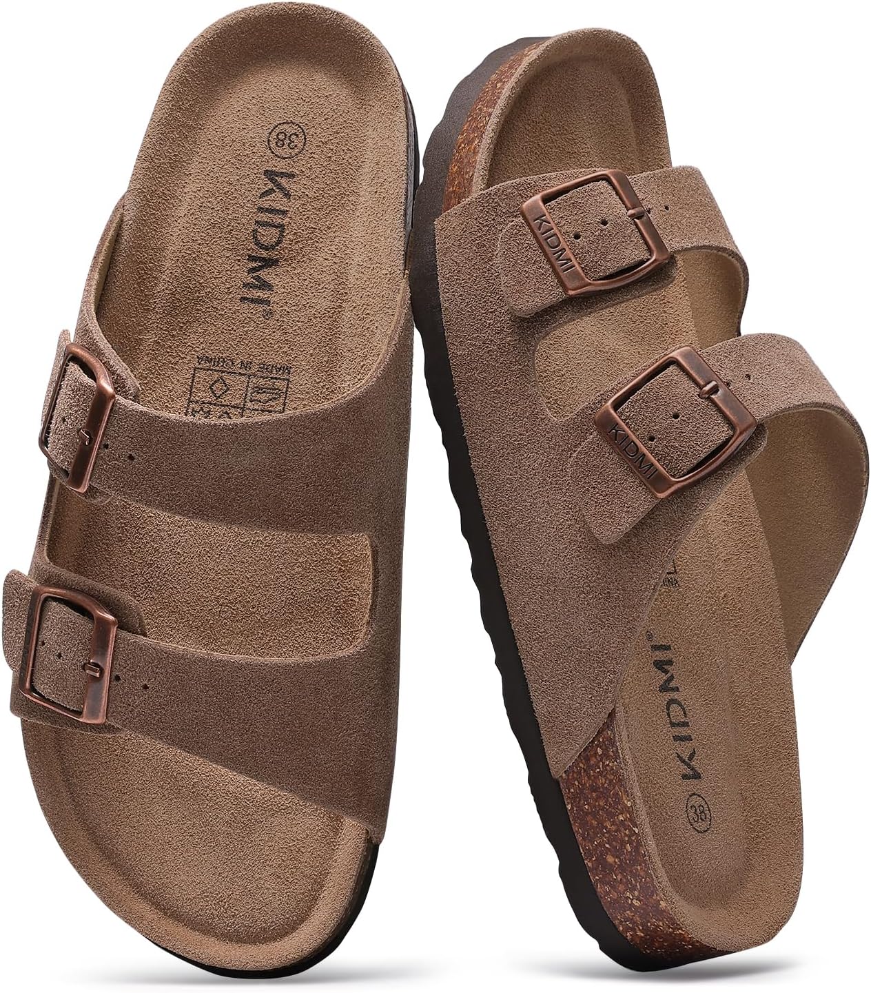 KIDMI Women's Genuine Suede Sandals Cork Footbed Summer Adjustable Slide Sandals