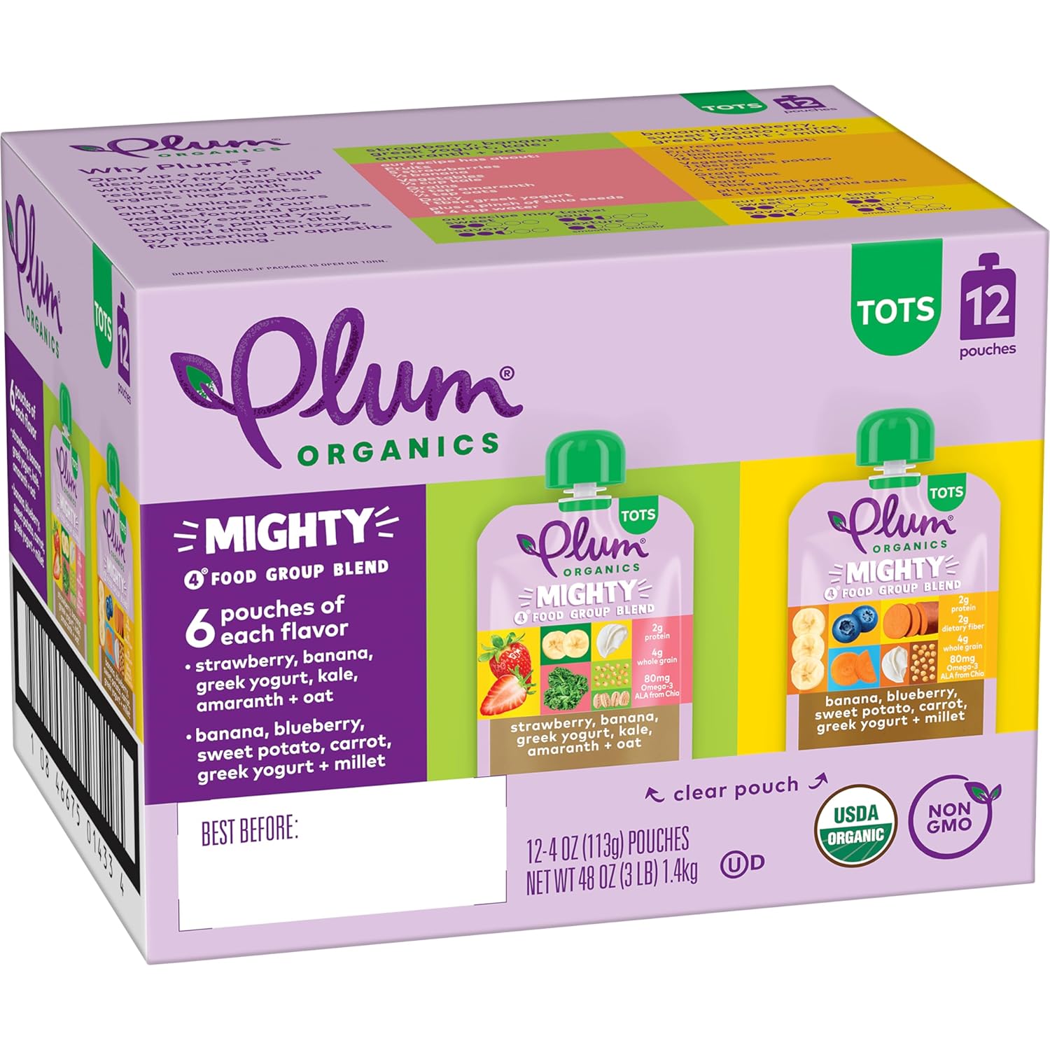 Plum Organics Mighty 4 Organic Toddler Food - Variety Pack - 4 oz Pouch (Pack of 12) - Organic Fruit and Vegetable Toddler Food Pouch
