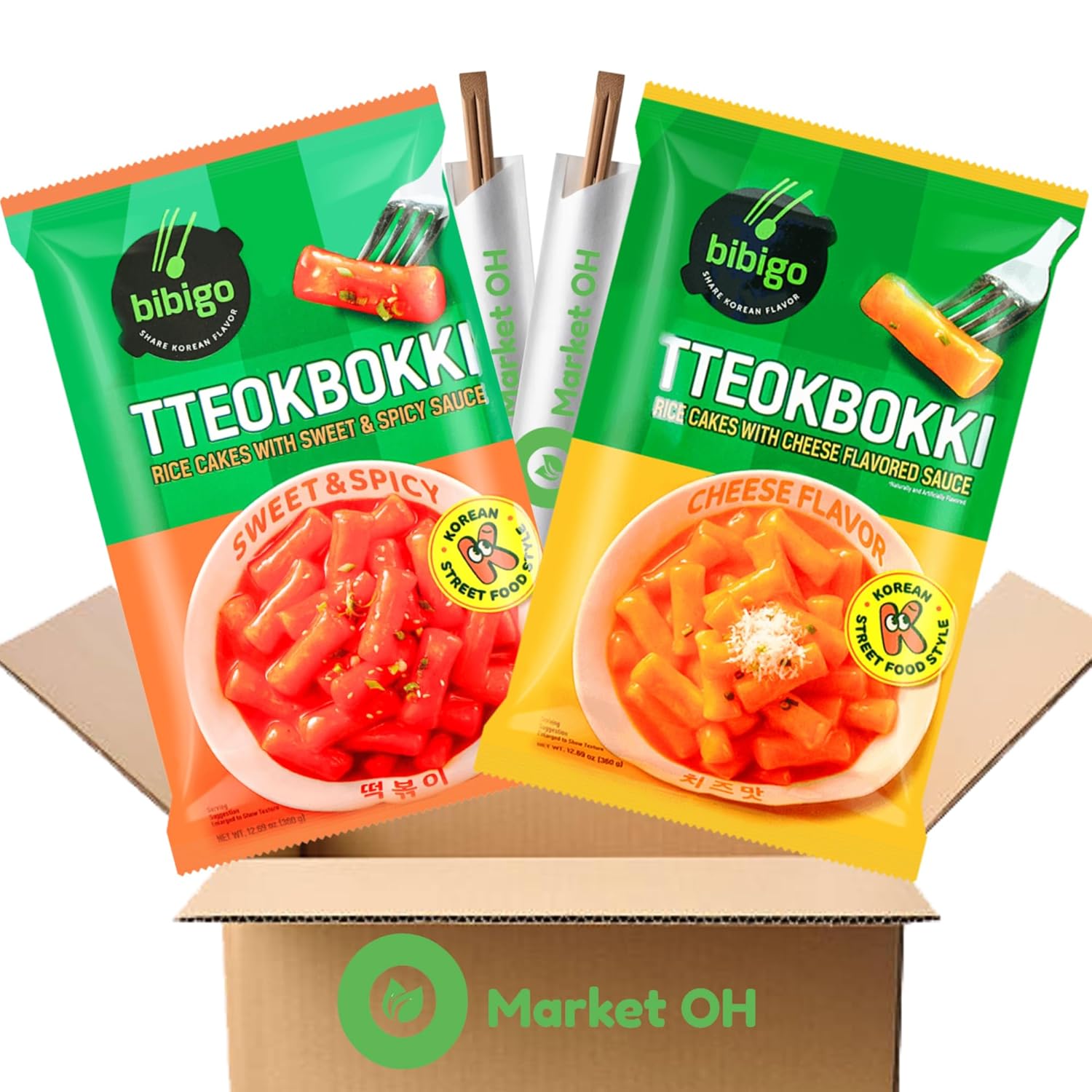 BIBIGO Tteokbokki Variety Pack Cheese Flavor and Sweet & Spicy Rice Cakes Meal Kit 2 Pack (12.69 oz each) + 2 OHMARKET Chopsticks