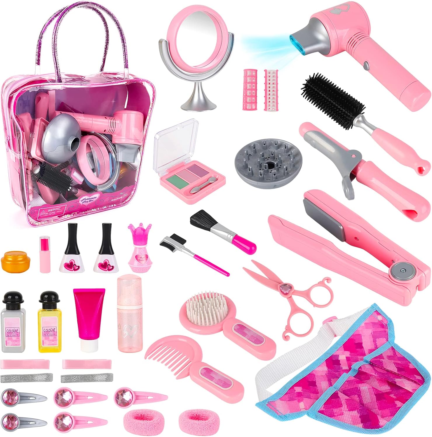 deAO Kids Role Play Hair Salon Kit, Portable Makeup & Hair Styling Pretend Play Set with Carry Case, Cosmetic Case, Curling Iron for Hairdressing & Makeup Practice Gift for Kids 3+