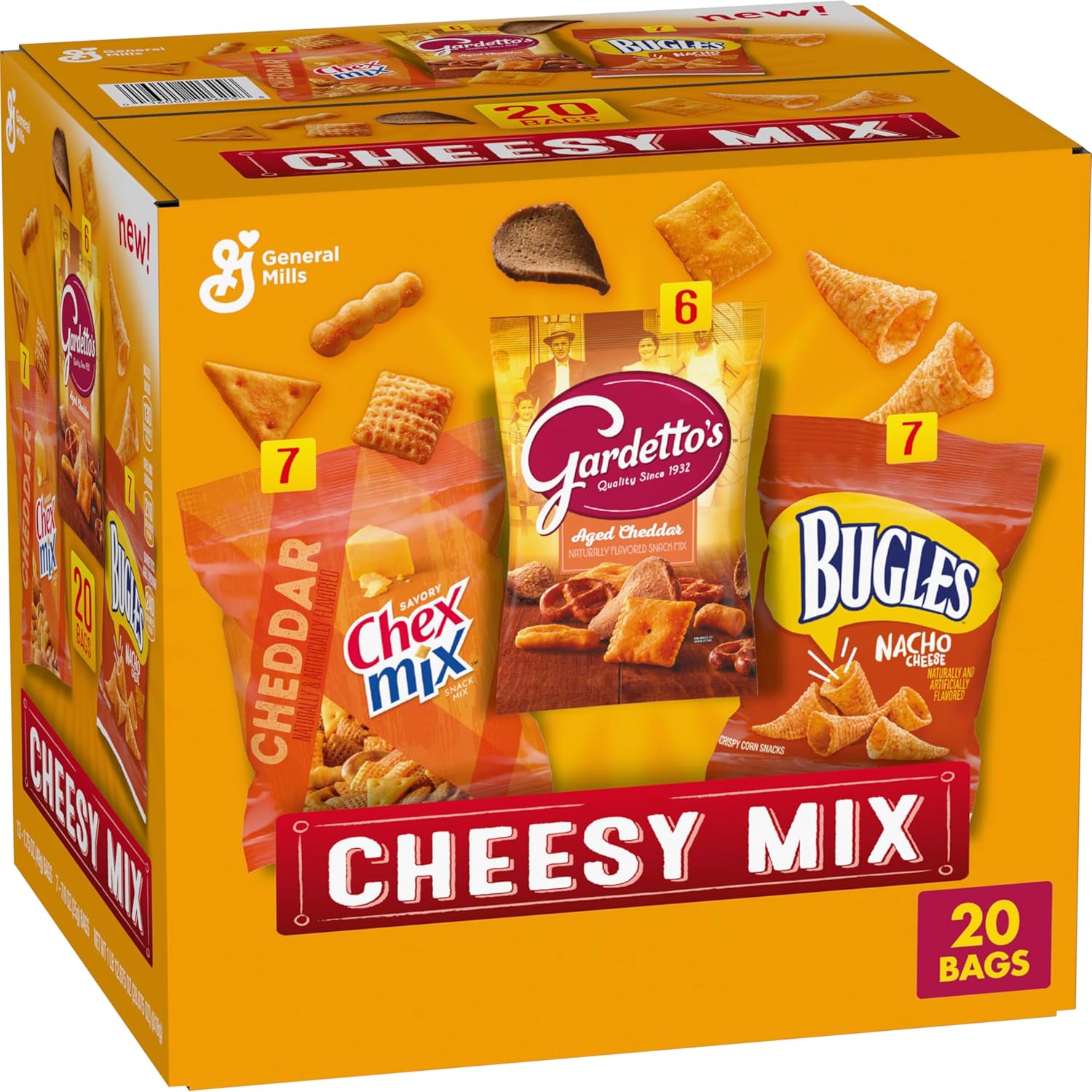 Cheesy Mix Variety Pack Snacks, Chex Mix Cheddar, Bugles Nacho Cheese, Gardetto's Aged Cheddar, 20 Ct, 28.875 oz