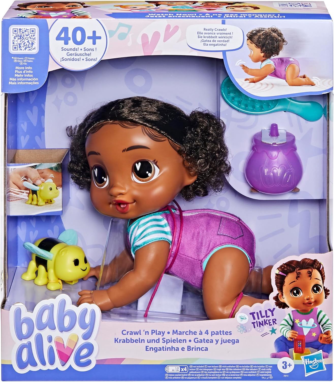 Baby Alive Crawl 'n Play Tilly Tinker Electronic Crawling Baby Doll Set, Black Hair, Kids Toys for Girls & Boys 3 Years & Up, 10.75 Inches