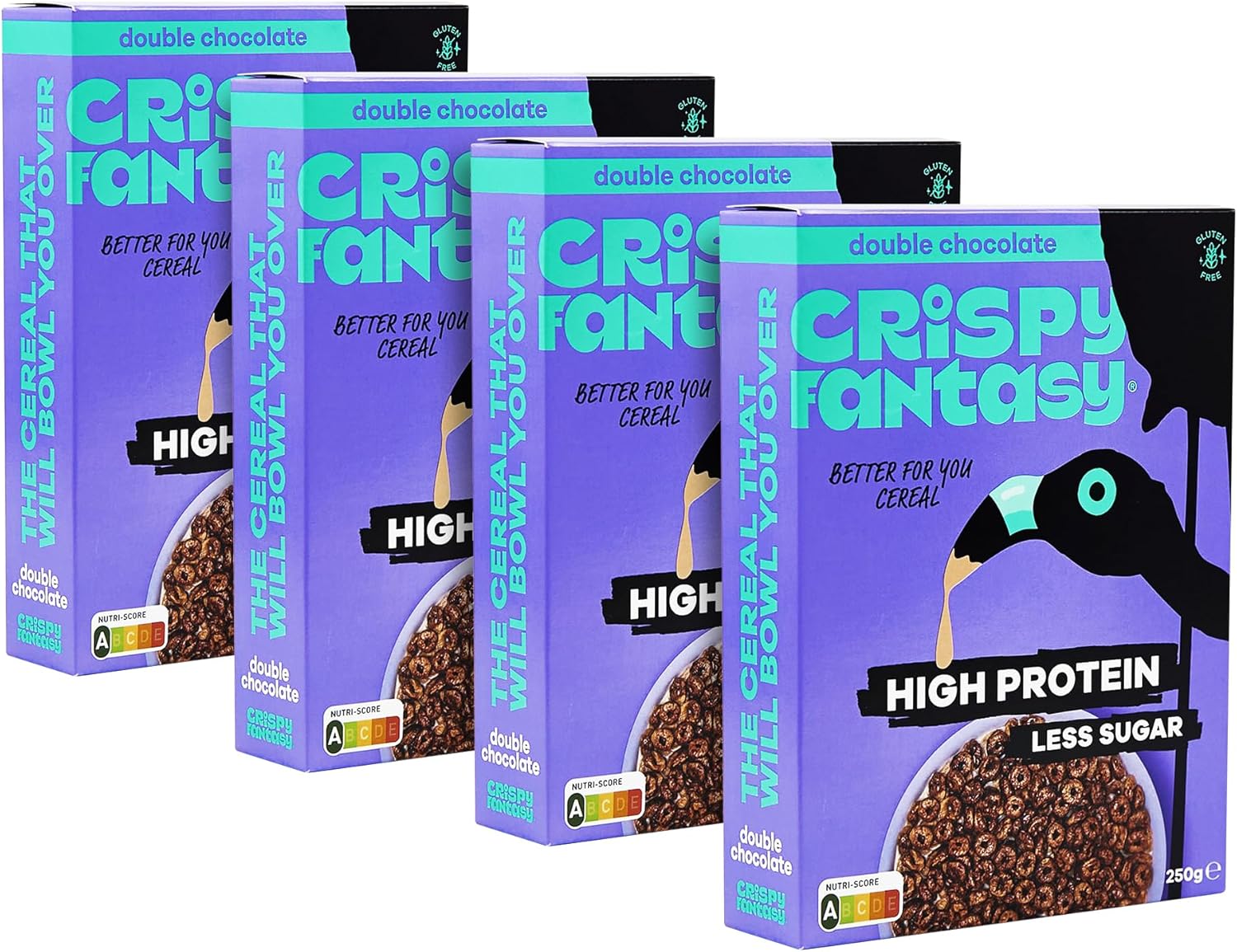 Crispy Fantasy Protein Cereal, Chocolate, Gluten Free, Vegan, Low Sugar, Protein Snacks, High Fibre, Plant Based, Just Add Milk, Healthy Breakfast for Kids & Adults, 8g Protein Per Serving, 4 Boxes