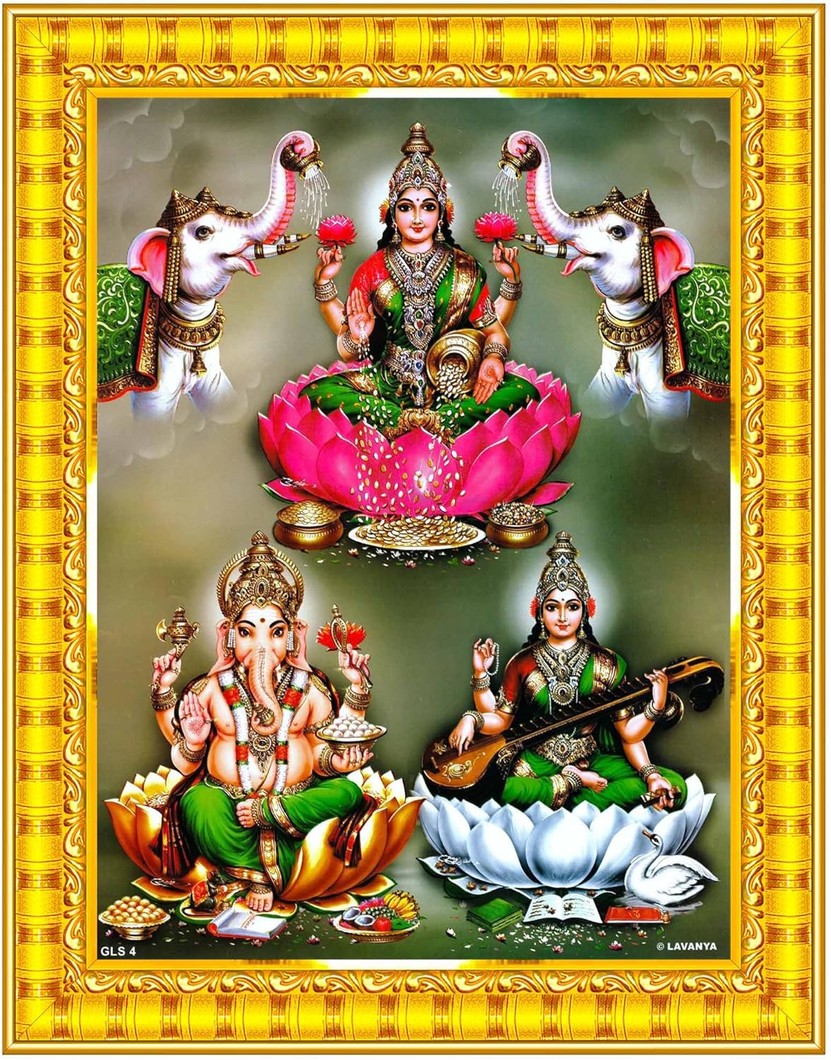 Pavan Photo Laminations Lakshmi Devi Ganesha Saraswati Ganesh Hanging Wall Painting Framed Home Decor (Wood,Matte,Gold,Big Size,10 x 12 Inch) R381M
