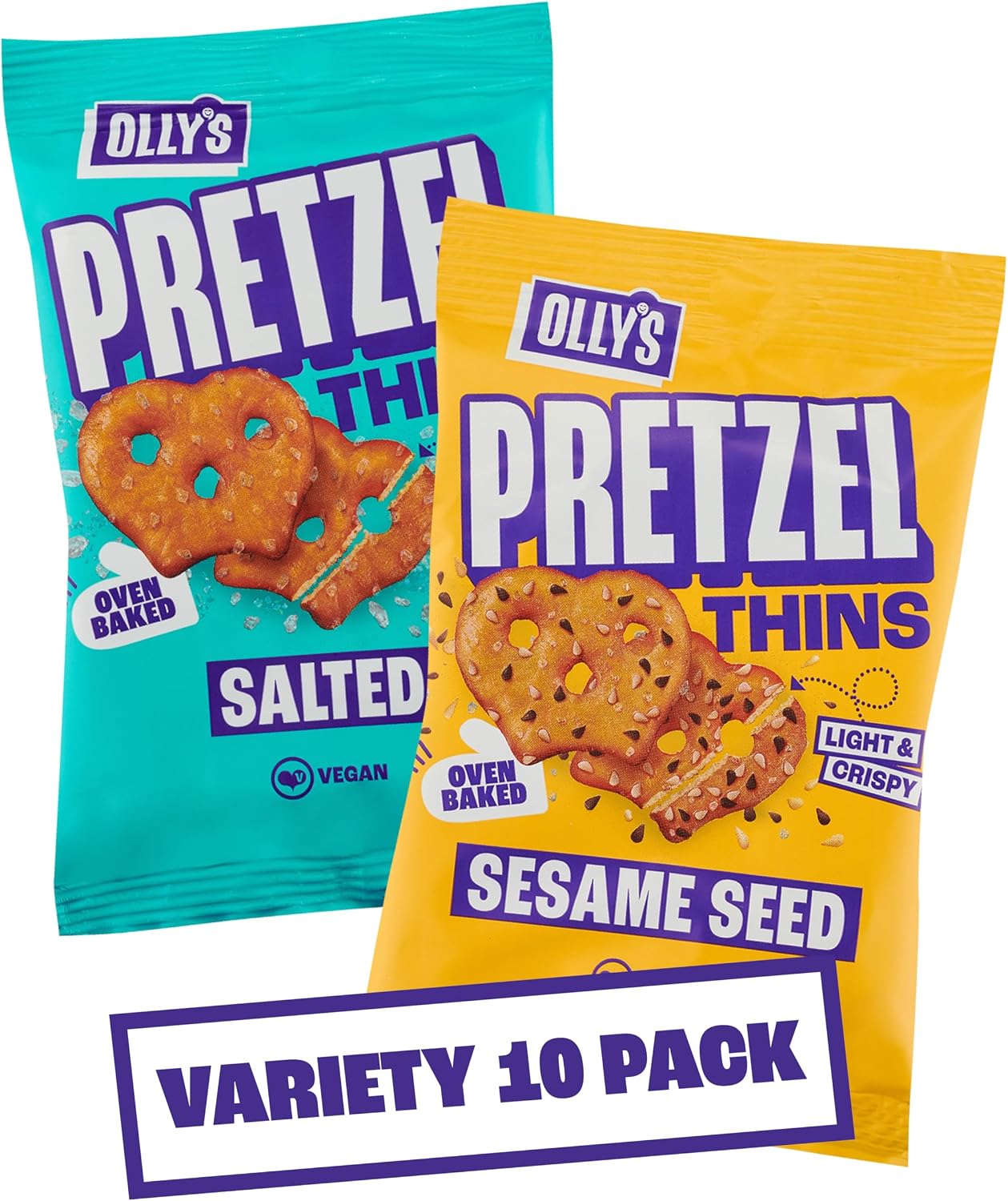Olly's Pretzel Thins, 5x Salted and 5x Sesame Seed 35g, Handy Snack Pouches, Healthy Plant-Based Vegan Snacks for Dipping, Low Calorie Snacks, Low Fat, Source of Fibre, No Preservatives