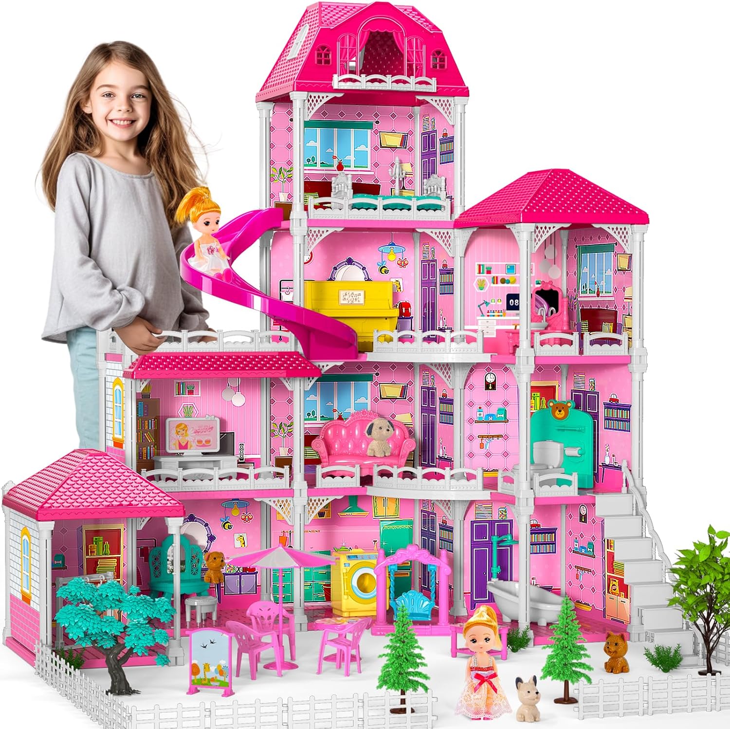 Dolls House for Girls Toys, 4 Stories 10 Rooms Dollshouse with 2 Princesses Slide Accessories, Playset for Toddler Playhouse Gift for for 3 4 5 6 7 8+ Year Old Girls Toys