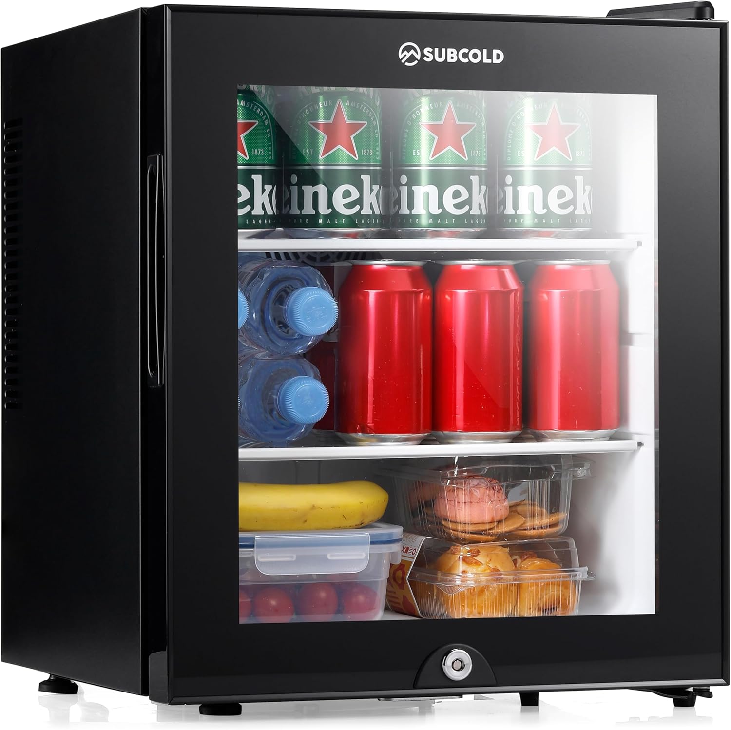 Subcold Aire30-G LED Mini Fridge | 30L Table Top Model | Quiet Frost Free Fridge for Bedrooms & Hotels | Lockable with Glass door & interior LED light (Black)