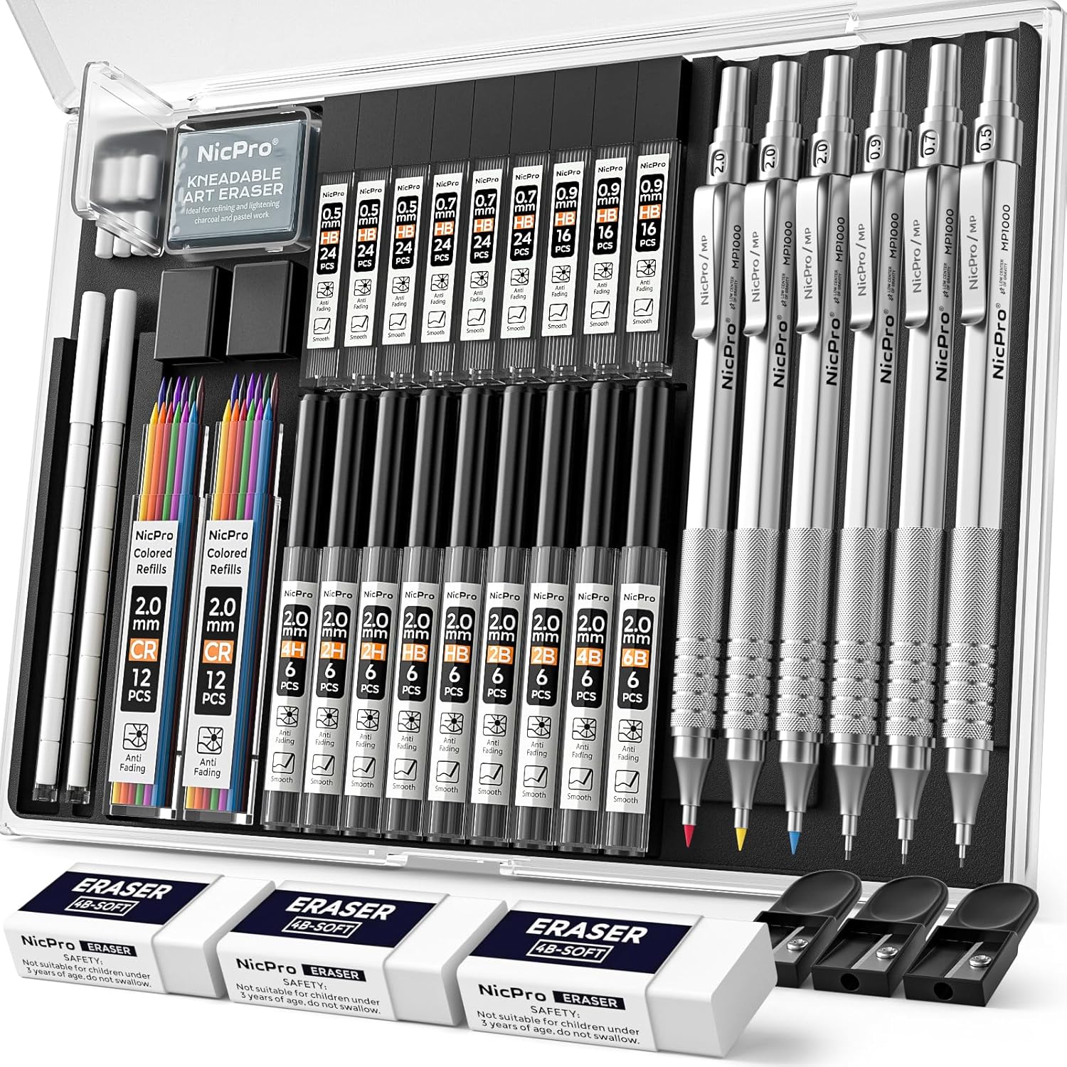 Nicpro 35PCS Metal Mechanical Pencils Set in Case, Art Drafting Pencil 0.5, 0.7, 0.9 mm & 3PCS 2mm Graphite Lead Holder(HB 2H 2B 4H 4B 6B Colors) for Drawing Sketching With 20 Tube Lead Refills Eraser