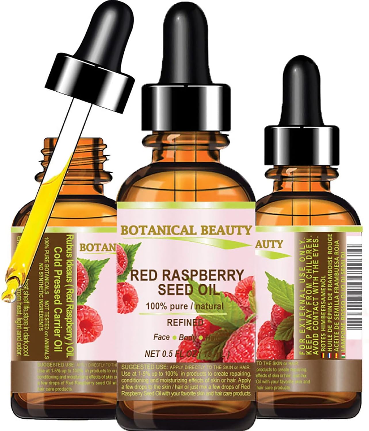 Botanical Beauty Red Raspberry Seed Oil 100% Pure Natural Undiluted Refined Cold Pressed Carrier Oil 0.5 Fl Oz - 15 ml for Face, Skin, Hair, Lips, Nails. Rich in Vitamin C, Vitamin E