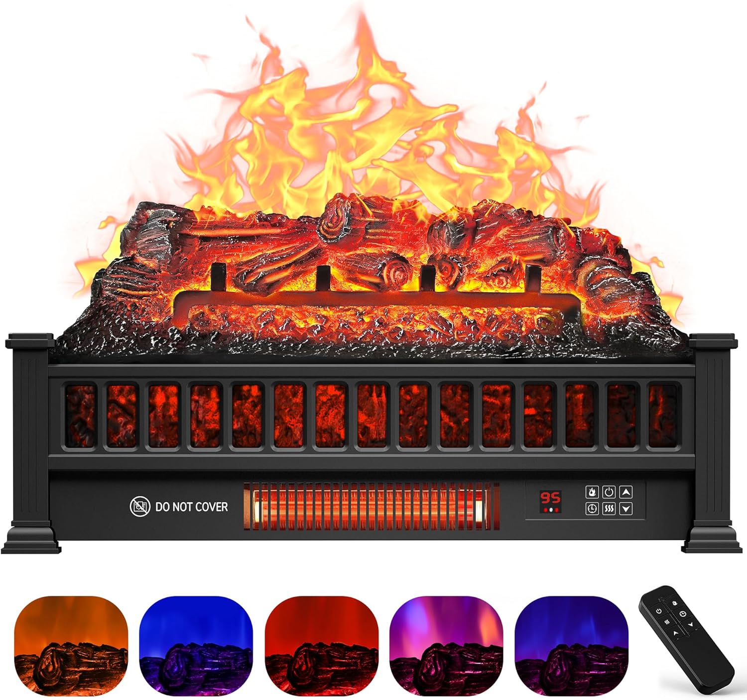 Electric Fireplace Logs Inserts Heater 23-Inch, Remote Controller Fireplace Heater, Adjustable Flame Colors, Realistic Fake firewood Flame, Overheat Protection, Timer, Thermostat, 1500W Black