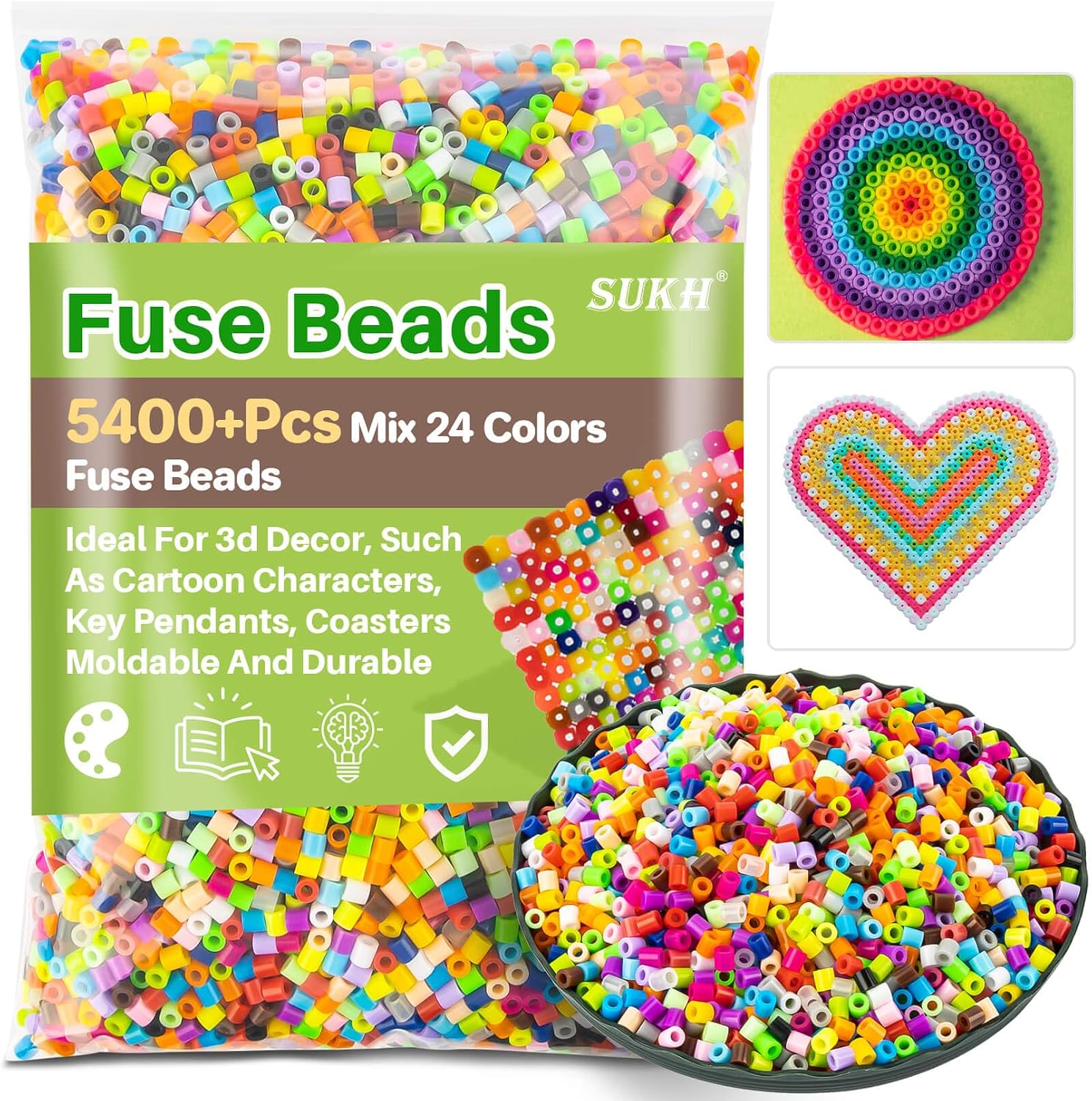 Sukh 5400+Pcs Fuse Beads Bulk - 5mm Melting Beads for Crafts, 24 Colors | Iron Beads for Crafts, DIY Art Projects for Bracelet, Jewelry, Necklace, Earring, Keychain Making, Christmas Craft Beads