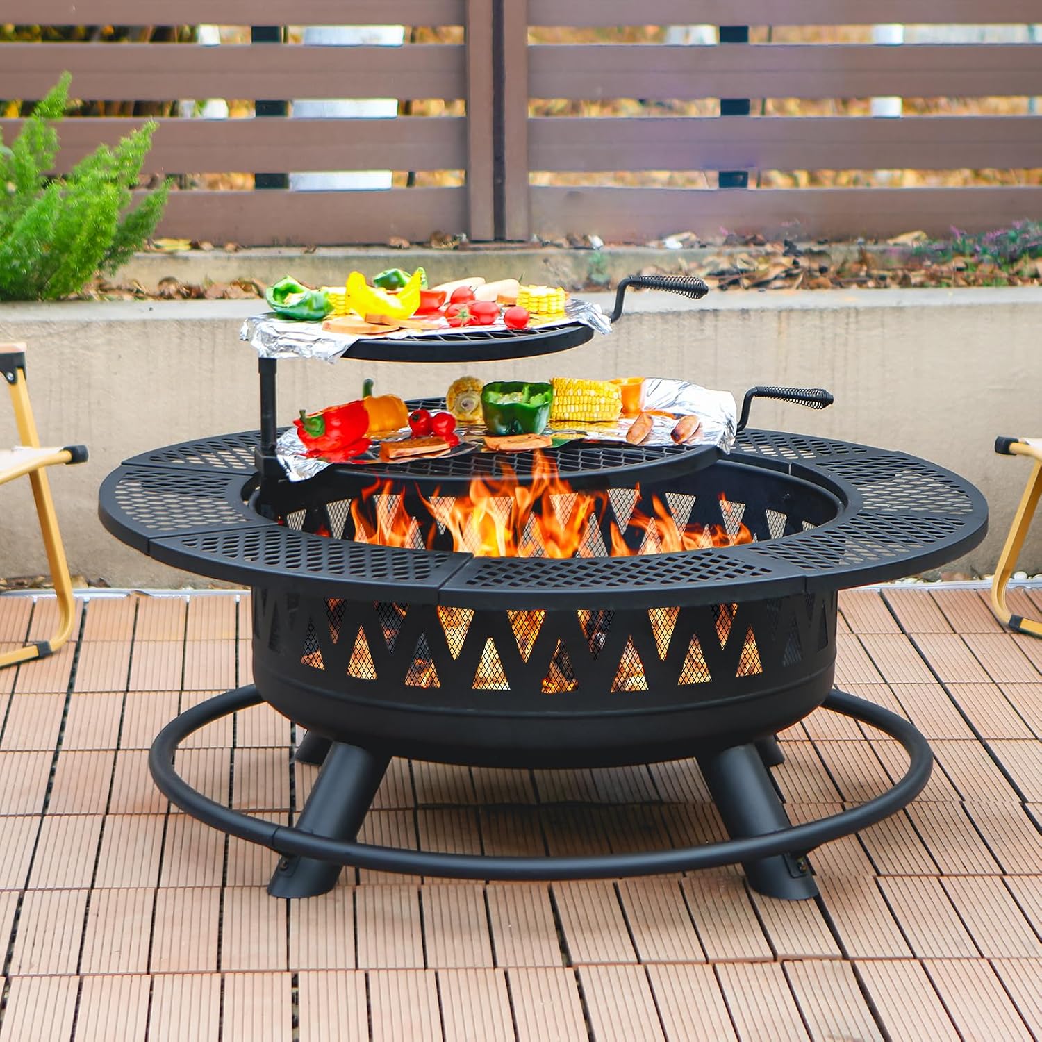 106.7 cm Fire Pit with 2 Grills, Large Outdoor Fire Pit for Outdoor, Wood Fireplace for Camping, Picnic, Campfire, Round Metal Table with Lid for Garden, Patio, Party