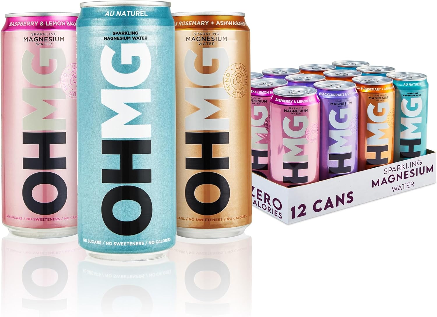 OHMG Sparkling Magnesium Water Variety Pack - 12 x 330ml cans | Zero-Calorie Magnesium Drink Featuring Magnesium Glycinate, Citrate & Malate | Sugar-Free, 100mg of Essential Magnesium Supplement
