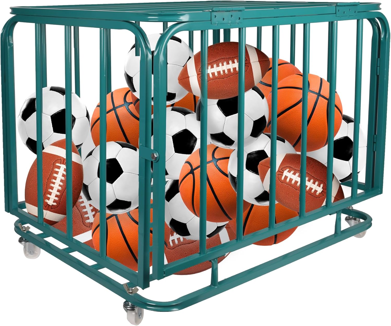 Sports Equipment Organizer Foldable Mental Sports Ball Storage Cart with Lid and Wheels Rolling Ball Cart for Gym, School, Indoor and Outdoor, Green
