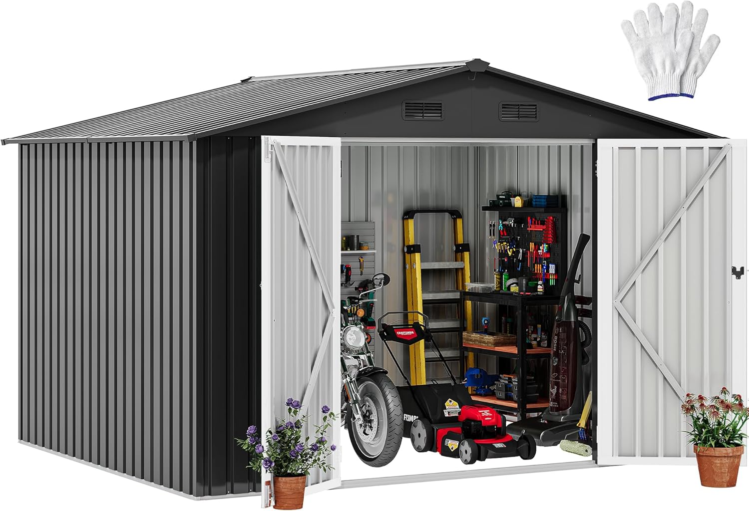 DWVO 10x8ft Metal Outdoor Storage Shed, Waterproof Tool Shed Heavy-Duty Storage Unit with Lockable Door and Vents, Ideal for Bicycles, Tools, Lawnmowers, Backyards, Patios, Lawns - Dark Gray