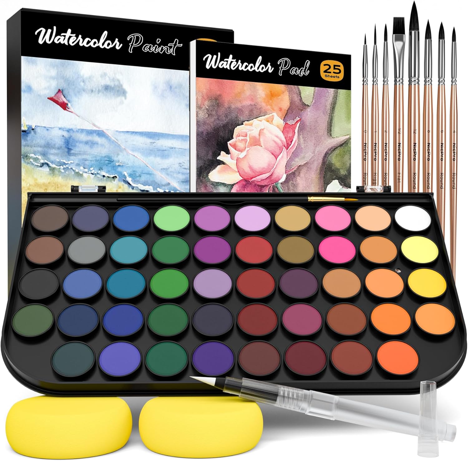 Nicpro 13 pcs Watercolour Paint Set, 48 Water Colors Kit with 8 Painting Brushes, Palette, Watercolour Pen, 25 Art Pad Paper, 2 Art Sponges, Non-toxic Painting Supplies for Adults, Beginners, Artists