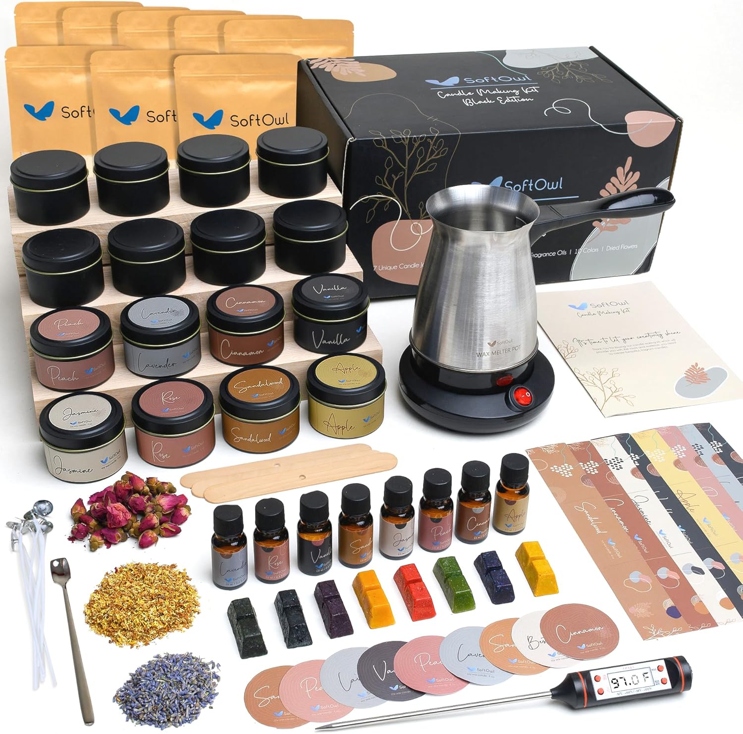 SoftOwl Premium Soy Candle Making Kit - Black Edition - Full Set with Electric Melter - Soy Wax, Big 16 Tins, 8 Pleasant Scents, 8x2 Color Dyes & More - Perfect as Home Decorations