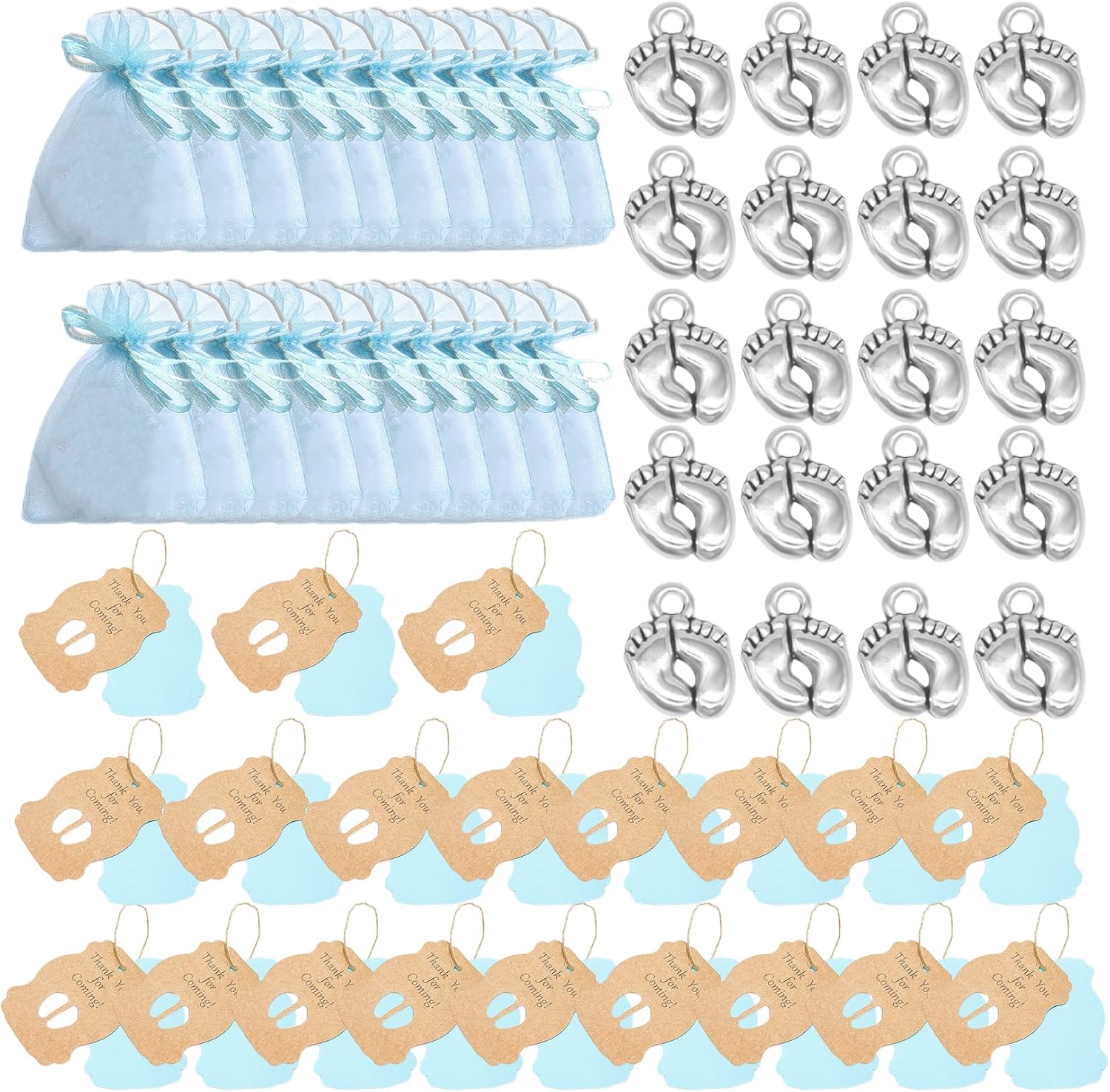 Karjiaja 60 PCS Baby Shower Party Favors Bags, Thank You for Coming Tags with String Small Organza Bags Blue Silver Baby Feet Charms for Guests Boy Gift Kid Birthday Party Decorations Supplies