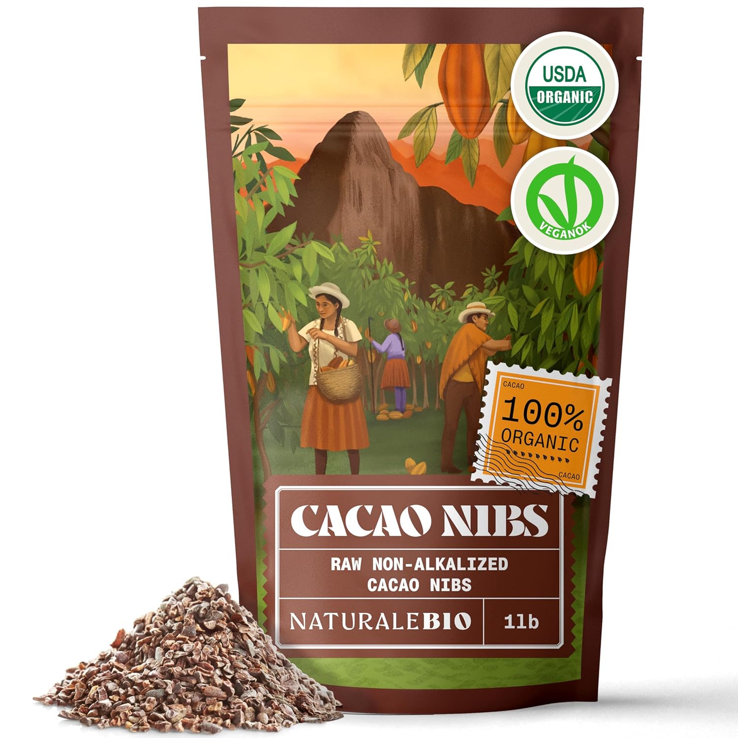 NaturaleBio Cacao Nibs Organic 1 lb. Unsweetened, Non-Alkalized and Pure. Sugar-Free Dark Chocolate Chips Substitute. Non-GMO, Gluten Free, Tested for Heavy Metals. From Raw Cacao Beans