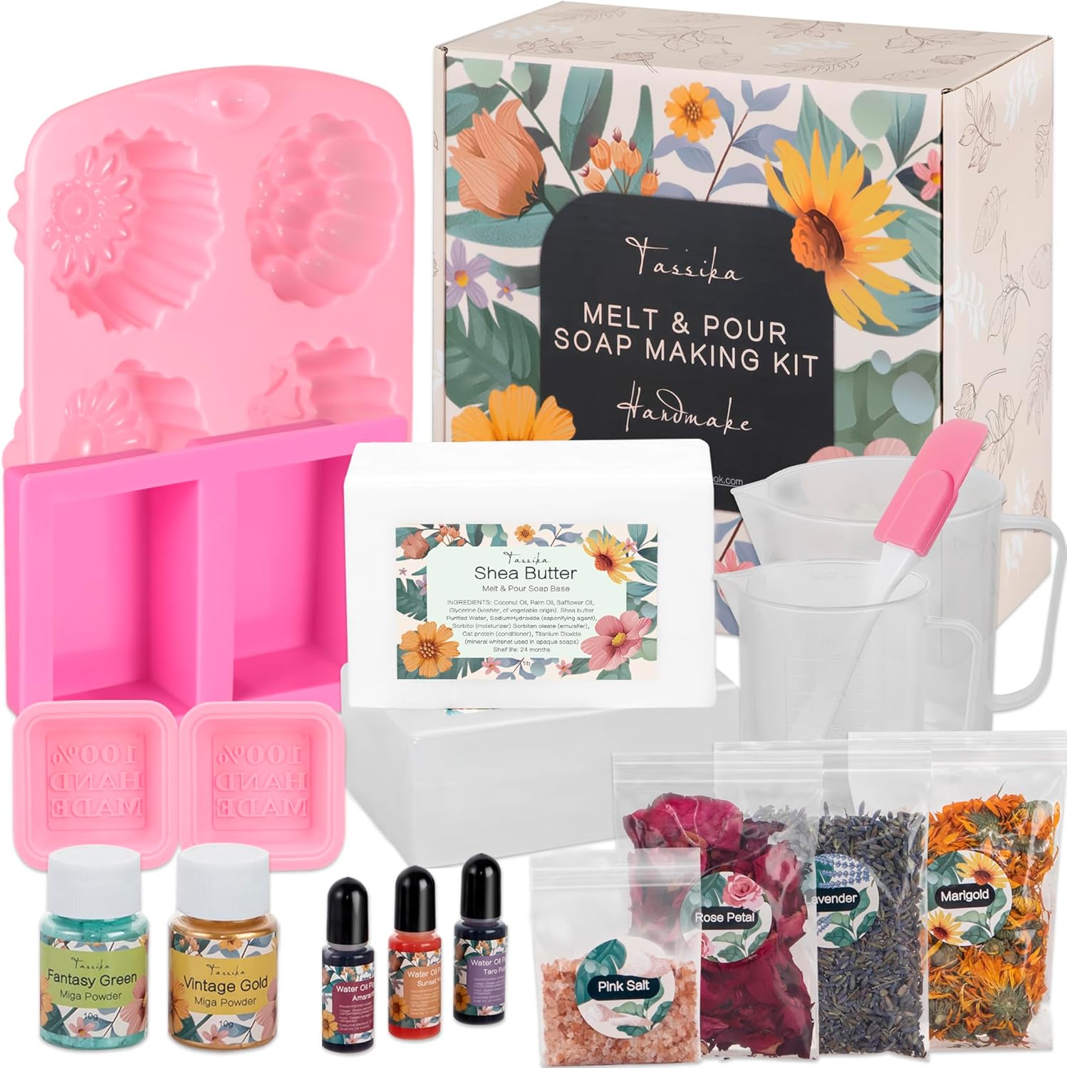 Handmade Soap Making Kit Supplies, DIY Melt & Pour Soap Making Kit for Adults: Includes 2lbs Soap Base, Dried Flowers, Pigment, Silicon Mold, Measuring Cup, Personalized Handmade Soap Set Gift