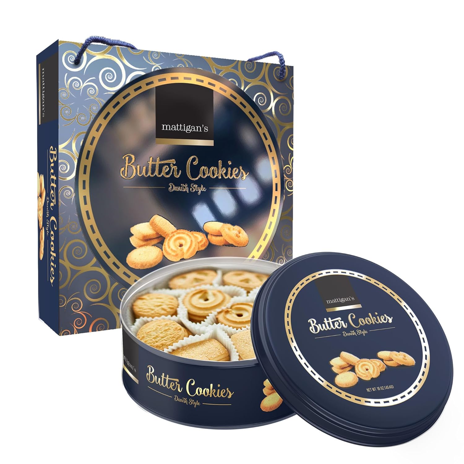 Mattigan's Butter Cookies Traditional Danish Style Cookie Assortment, 16 Oz Tin, Gourmet Gifts for Holidays, Birthday, Special Occasions, Snack Gift, Assorted Cookie Dessert Sweets, Reusable Metal Tin