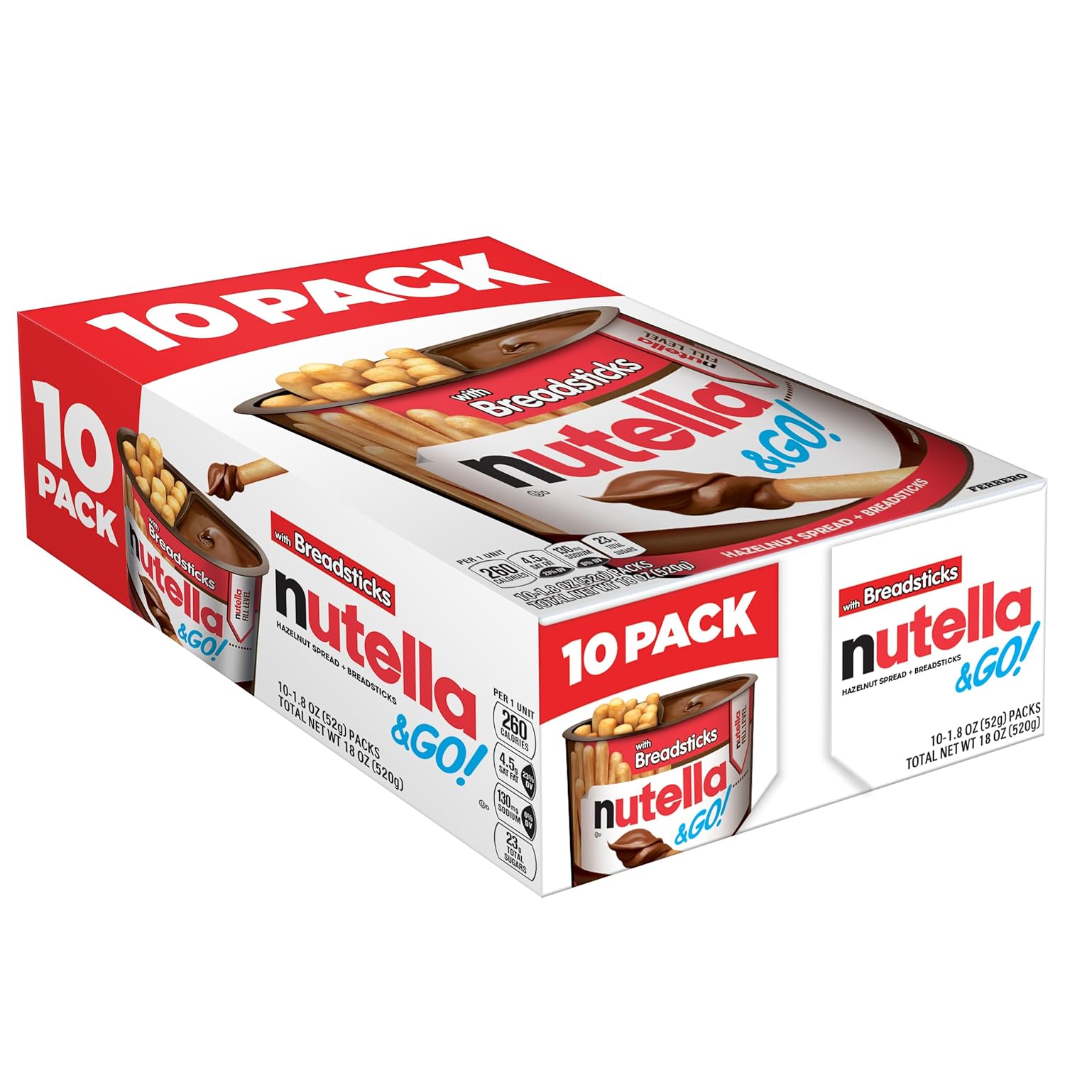 Nutella & GO! 10 Pack, Hazelnut And Cocoa Spread With Breadsticks, Snack Cups, 1.8 Oz Each