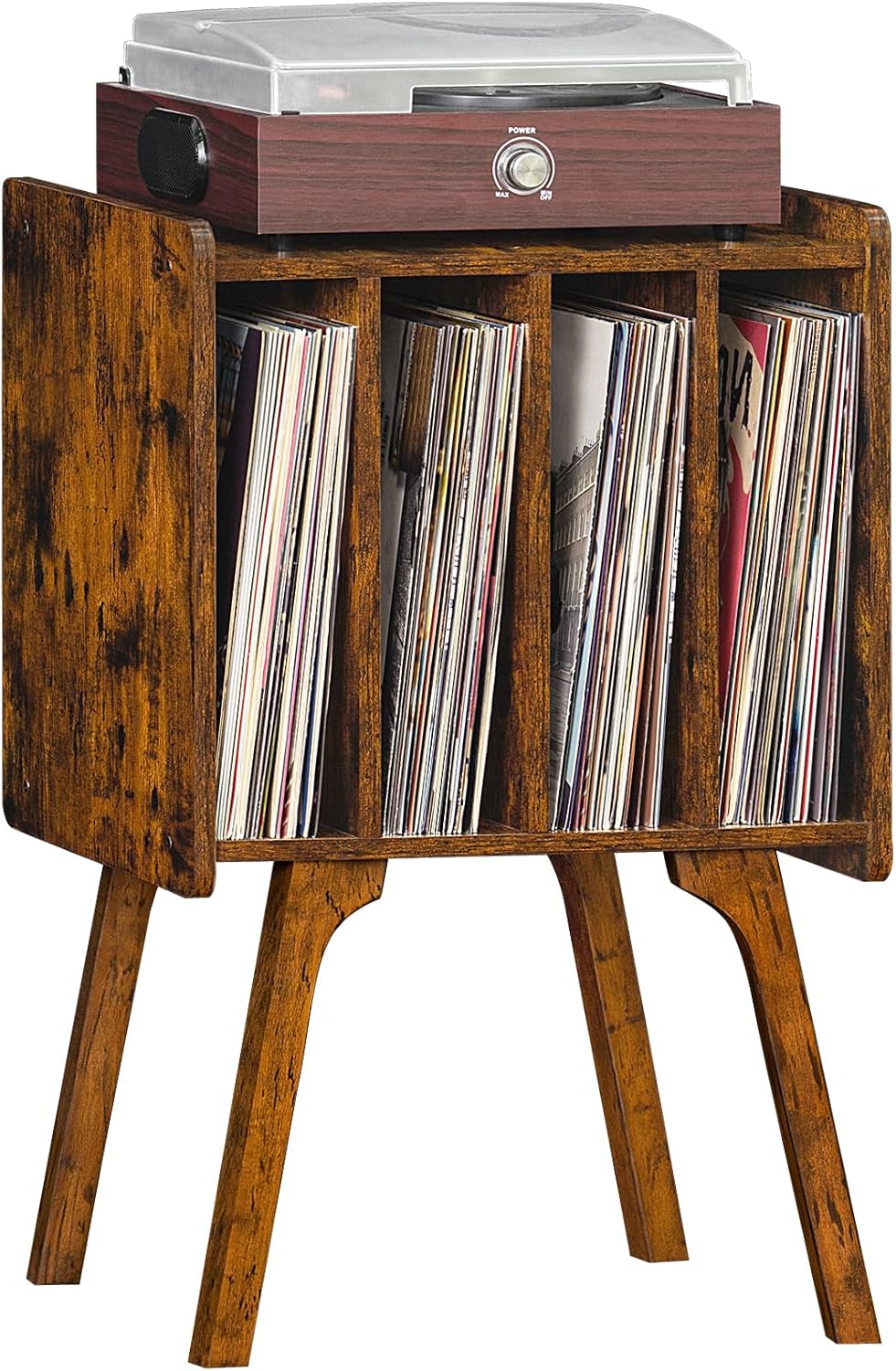 LELELINKY Record Player Stand, Brown Record Storage Table with 4 Cabinet Up to 100 Albums (Patented)