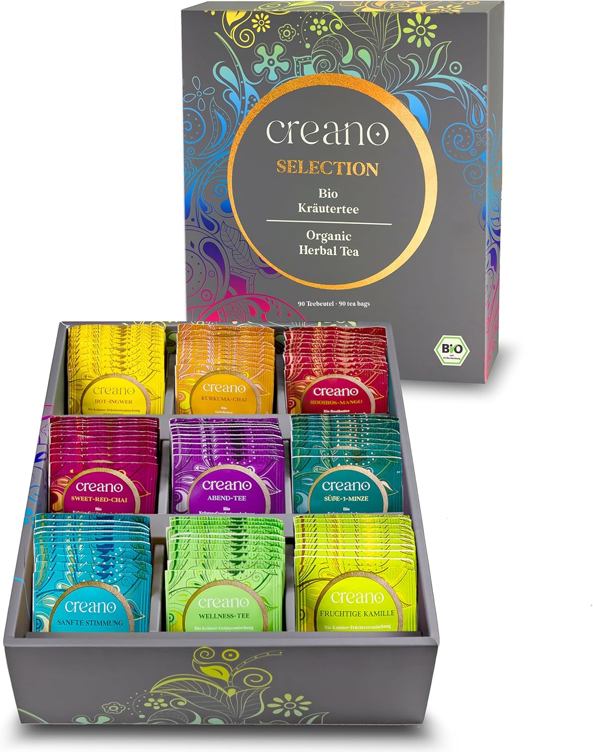 Creano Organic Herbal Tea Gift Set - 90 Tea Bags in 9 Different Varieties - 180g