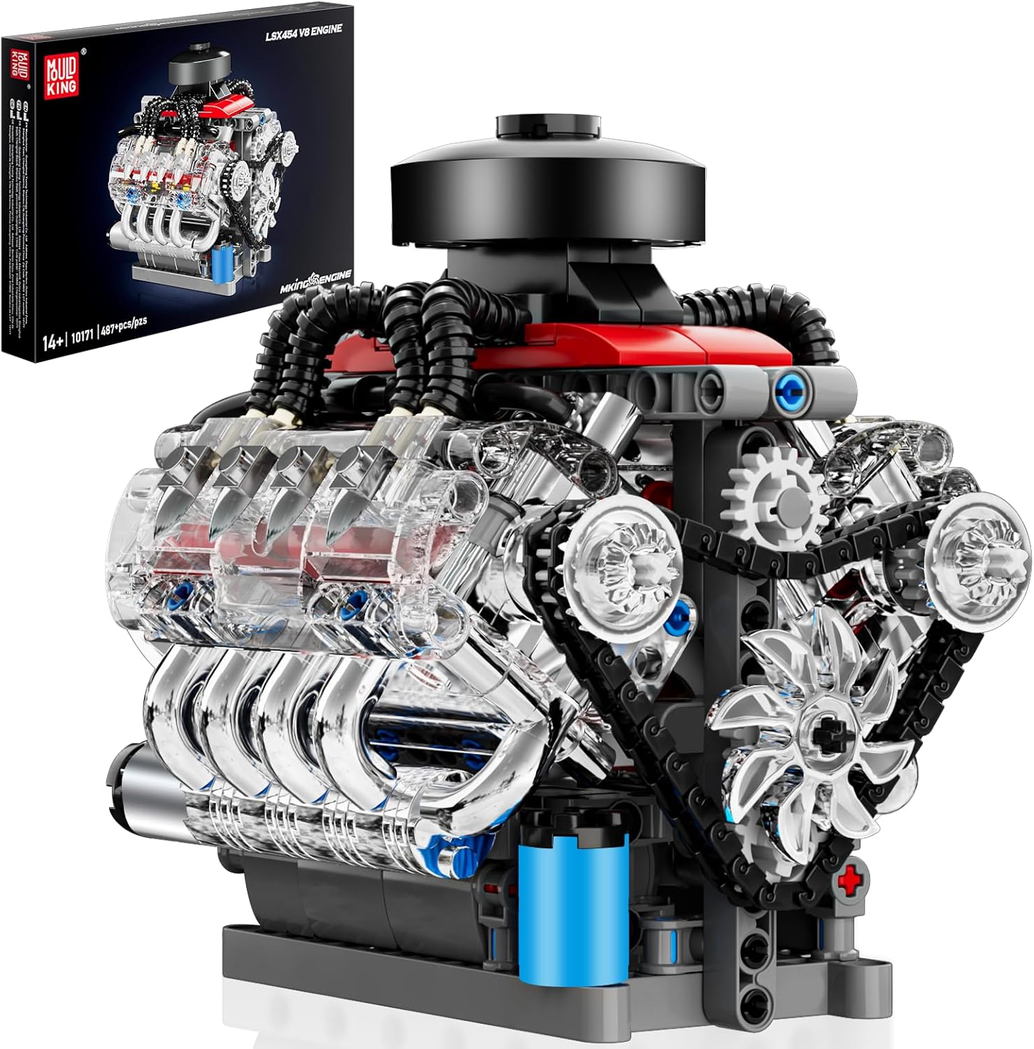 Mould King Mini V8 Engine Kits That Runs, Build Your Own Visible Car Motor, Physical Science Experiment Models for Teens, Best STEM Toy Gifts for Kids and Adult 10171 (487 Pcs)