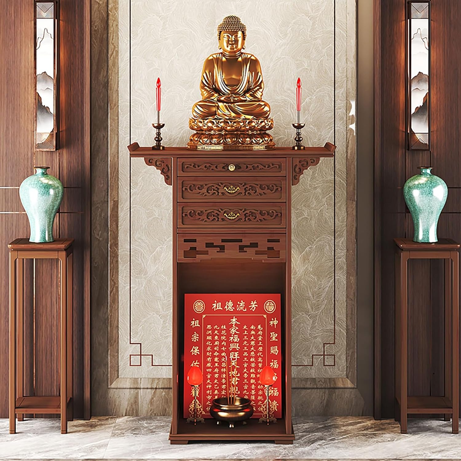 LLYLAFDC Buddha Altar Tabletop Shrine Cabinet,Buddha Niche Bamboo Modern, Chinese Fengshui Statue Display Shelf With Drawer(65cm)