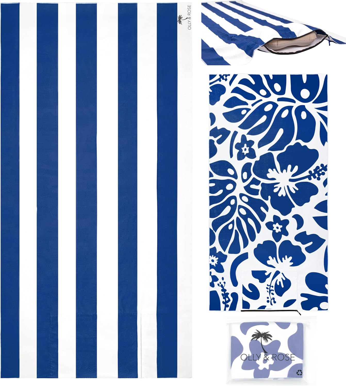 Olly & Rose Luxury Microfibre Extra Large Beach Towel with Zip Pocket and Inflatable Pillow and Reversible Pattern 100 x 200cm Blue - 300GSM Luxury Microfibre Light Weight Travel Towel…