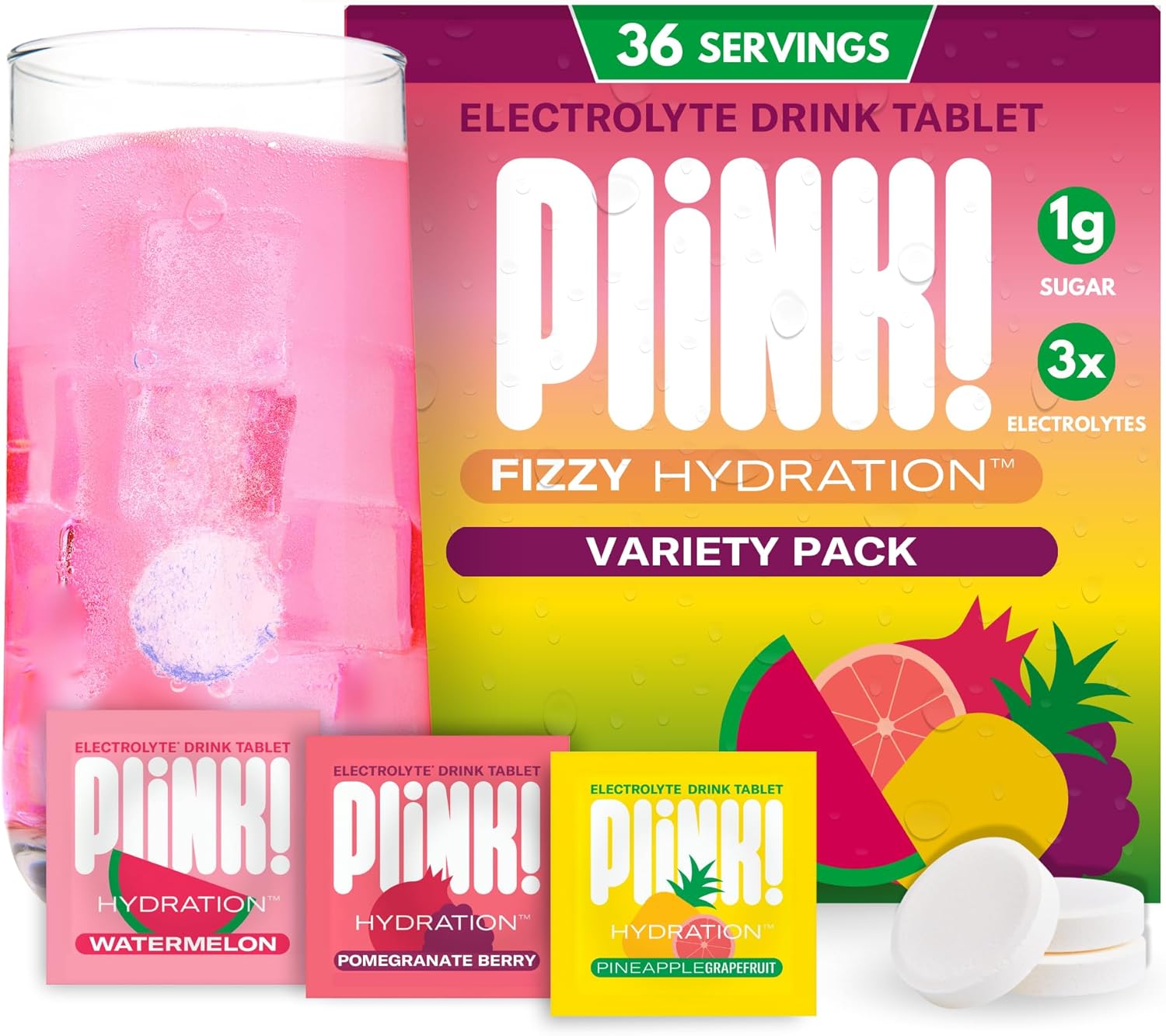 Plink! Fizzy Electrolyte Drink Tablets for Daily Hydration - 36ct Electrolyte Tablets + Sodium, Potassium, Magnesium, Low-Calorie, Low-Sugar Keto Electrolytes Powder Hydration Packets Water Flavoring