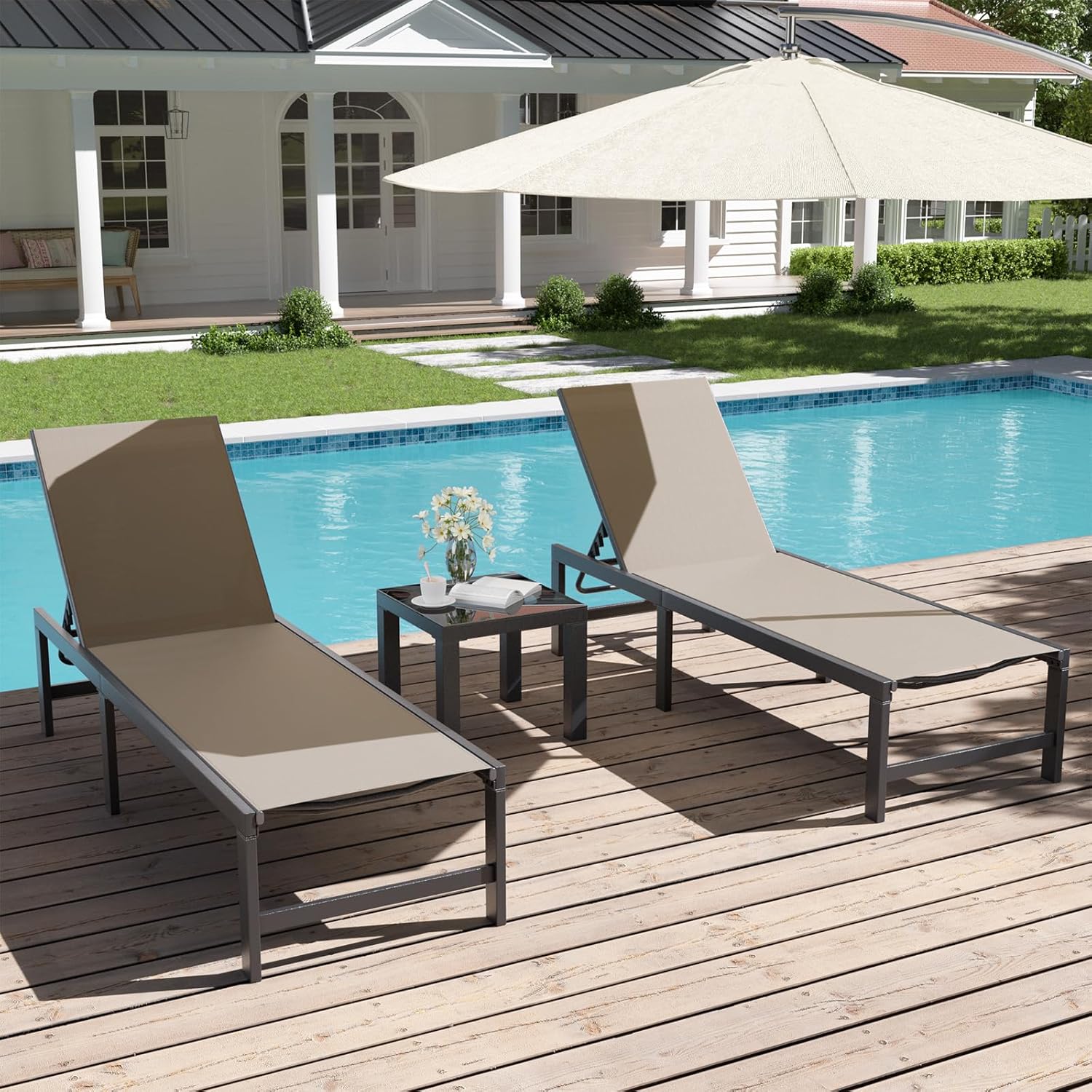 UDPATIO Outdoor Chaise Chairs & Table 3 Pieces Pool Lounge Chair, Poolside Sunloungers Lay Flat Sunbathing Chaise with Adjustable Backrest for Patio, Beach, Yard, Pool
