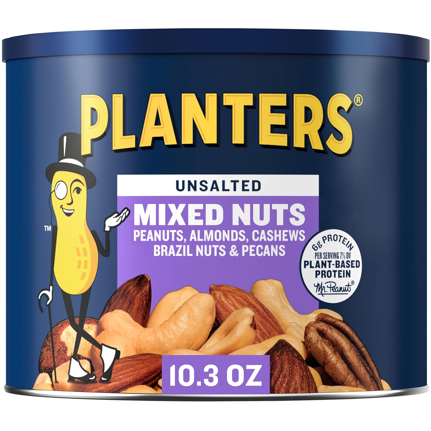PLANTERS Mixed Nuts Unsalted, Party Snacks, Plant-Based Protein, 10.3 oz Canister