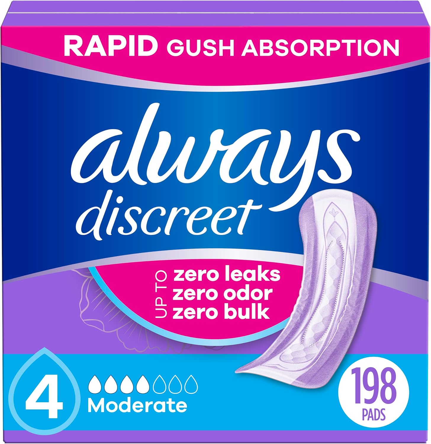 Always Discreet Adult Incontinence Pads for Women, Moderate Absorbency, Regular Length, Postpartum Pads, 198 Count (3 Packs of 66)