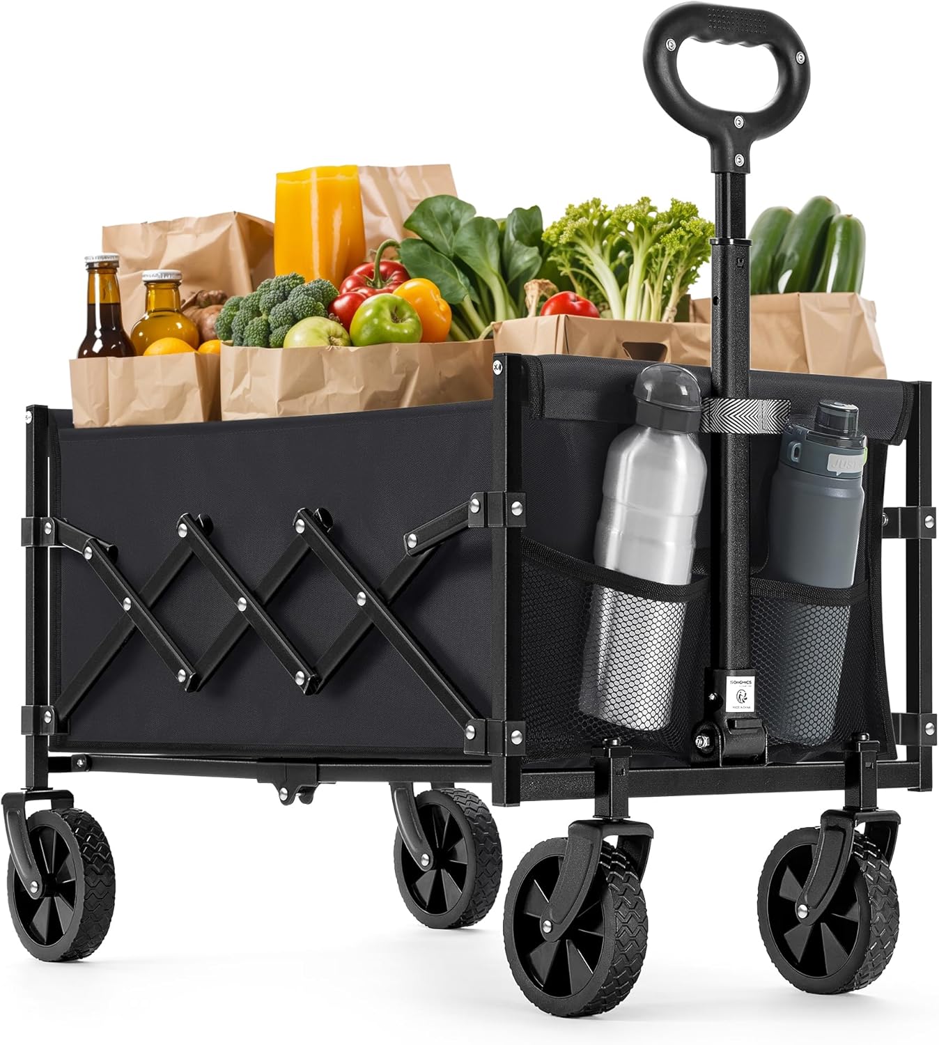 SONGMICS Festival Trolley on Wheels, 90 L Foldable Camping Cart, Pull Garden Wagon, Adjustable Handle, 4 Reinforced Wheels, Loads Up to 180 kg, Outdoor, Yard, Ink Black GFW909B01