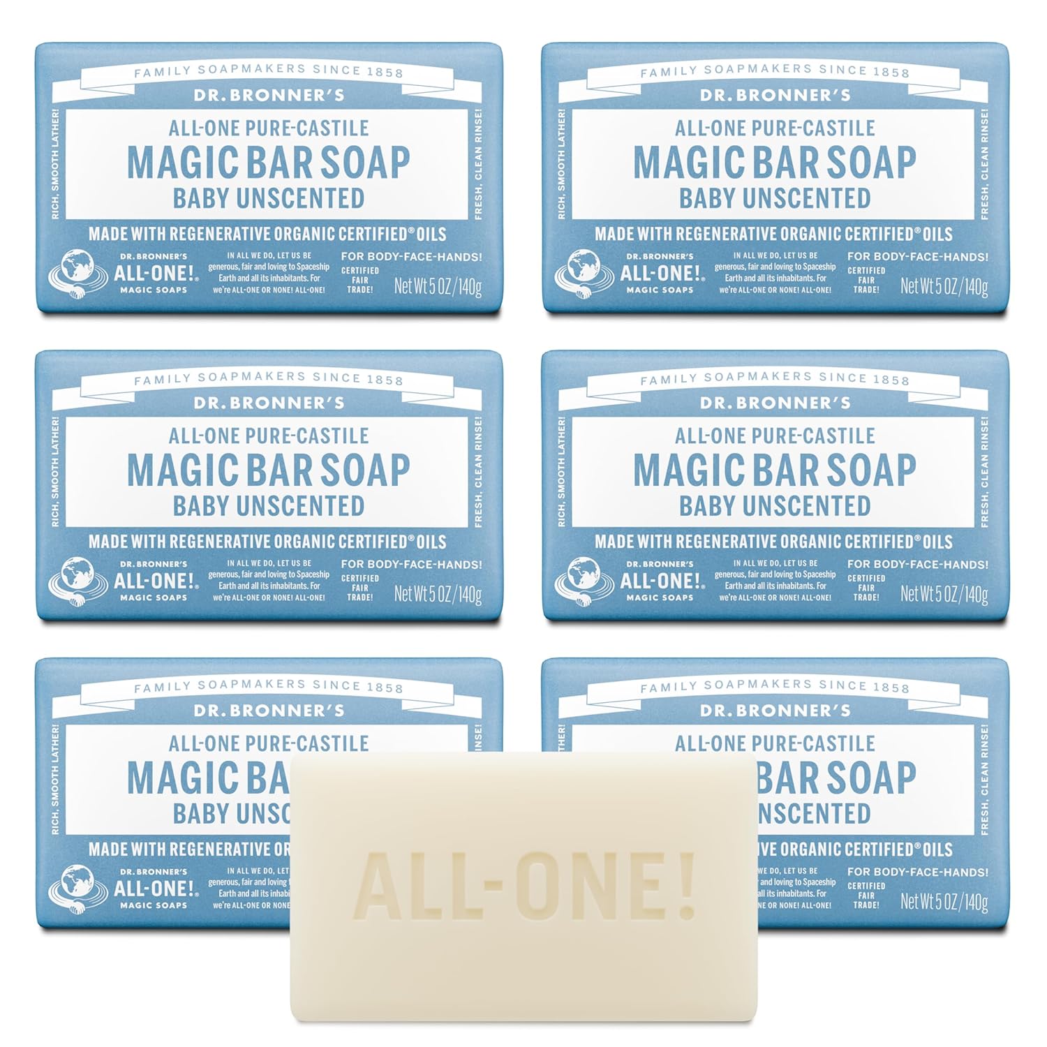 Dr. Bronner's Pure-Castile Magic Bar Soap (Baby Unscented, 5 oz, 6-Pack) - Made with Regenerative Organic Certified Oils, For Face, Body & Hair, Gentle for Sensitive Skin - Vegan, Non-GMO