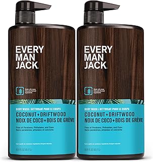 Every Man Jack Coconut + Driftwood Mens Body Wash for All Skin Types - Cleanse, Hydrate, and Smell Great - Free of Parabens, Phtalates, and Dyes - 33.8 fl oz (2 Pack)