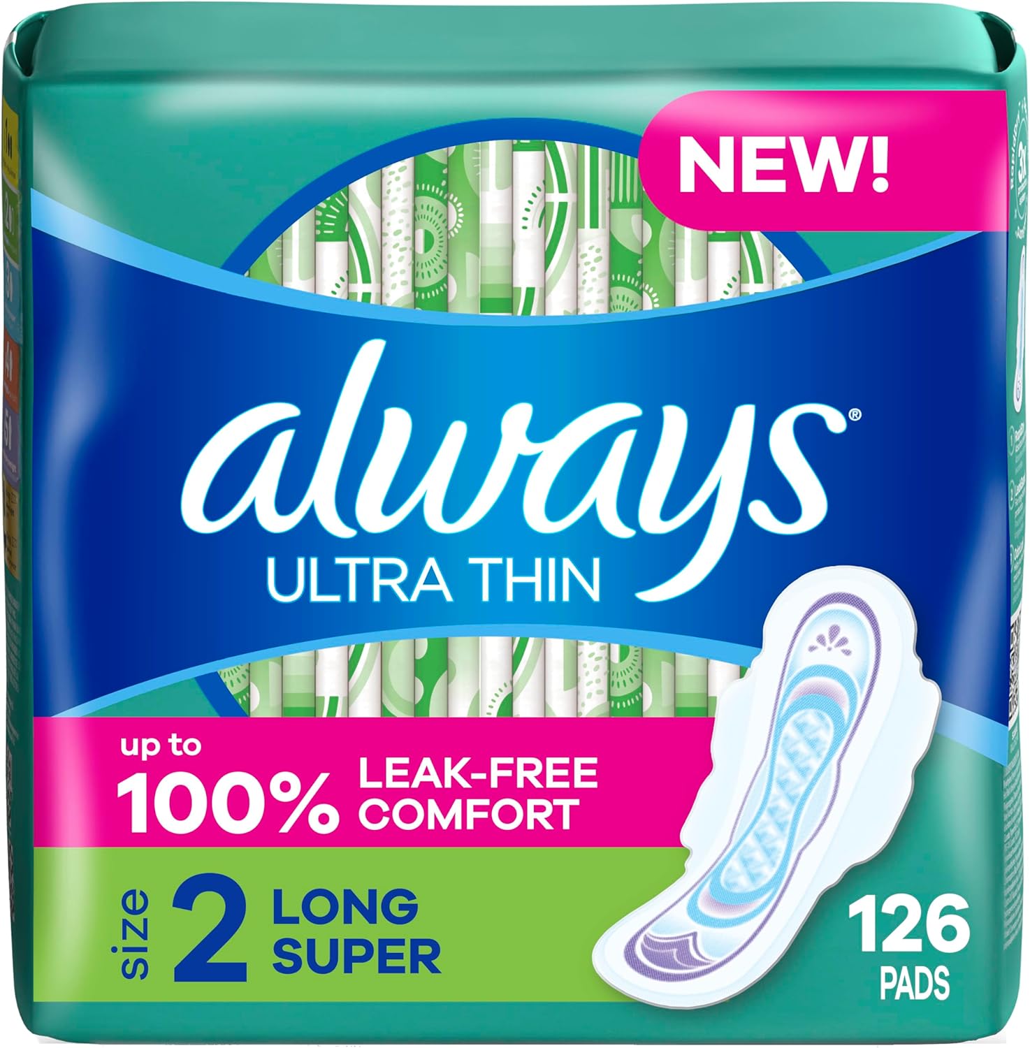 Always Ultra Thin Feminine Pads with Wings for Women, Super Absorbency, Unscented, Size 2, 126 Count