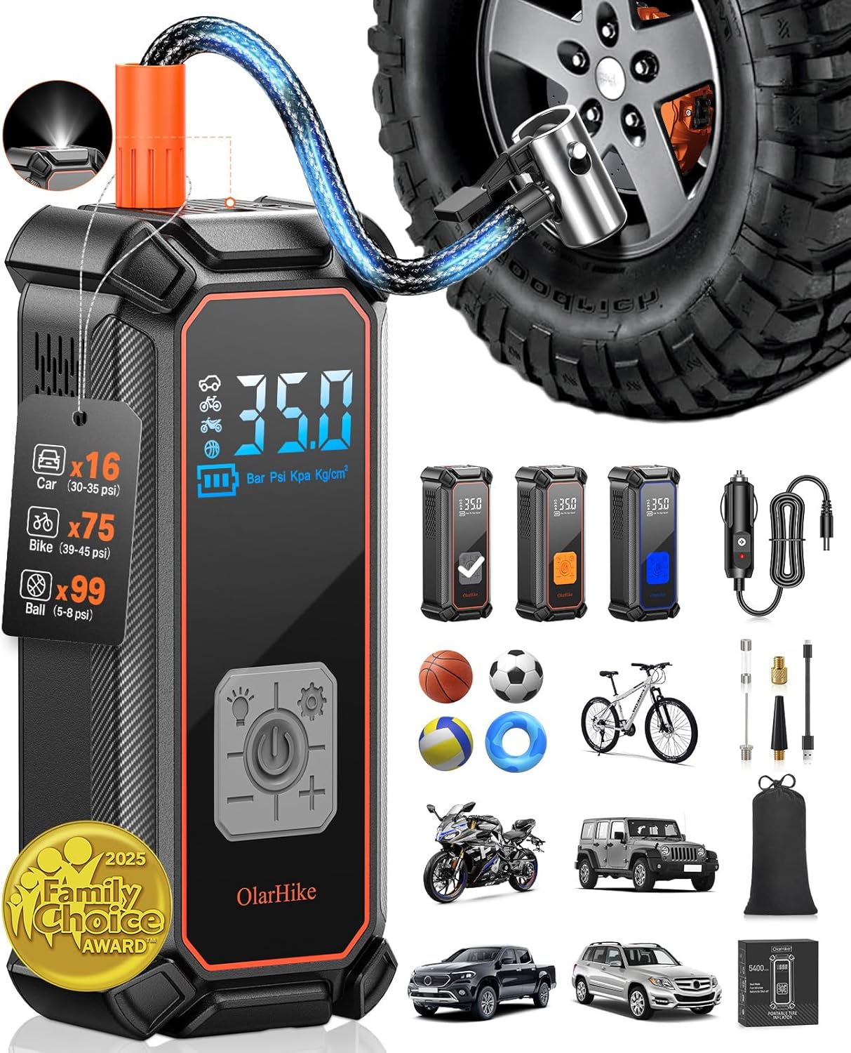 OlarHike Cordless Tire Inflator Portable Air Compressor, 150PSI Dual Power - 5400mAh & 12V DC, Air Pump for Car Tires, Bike, Motorcycle, Bicycle, Electric Pump with LED Light & Digital Pressure Gauge