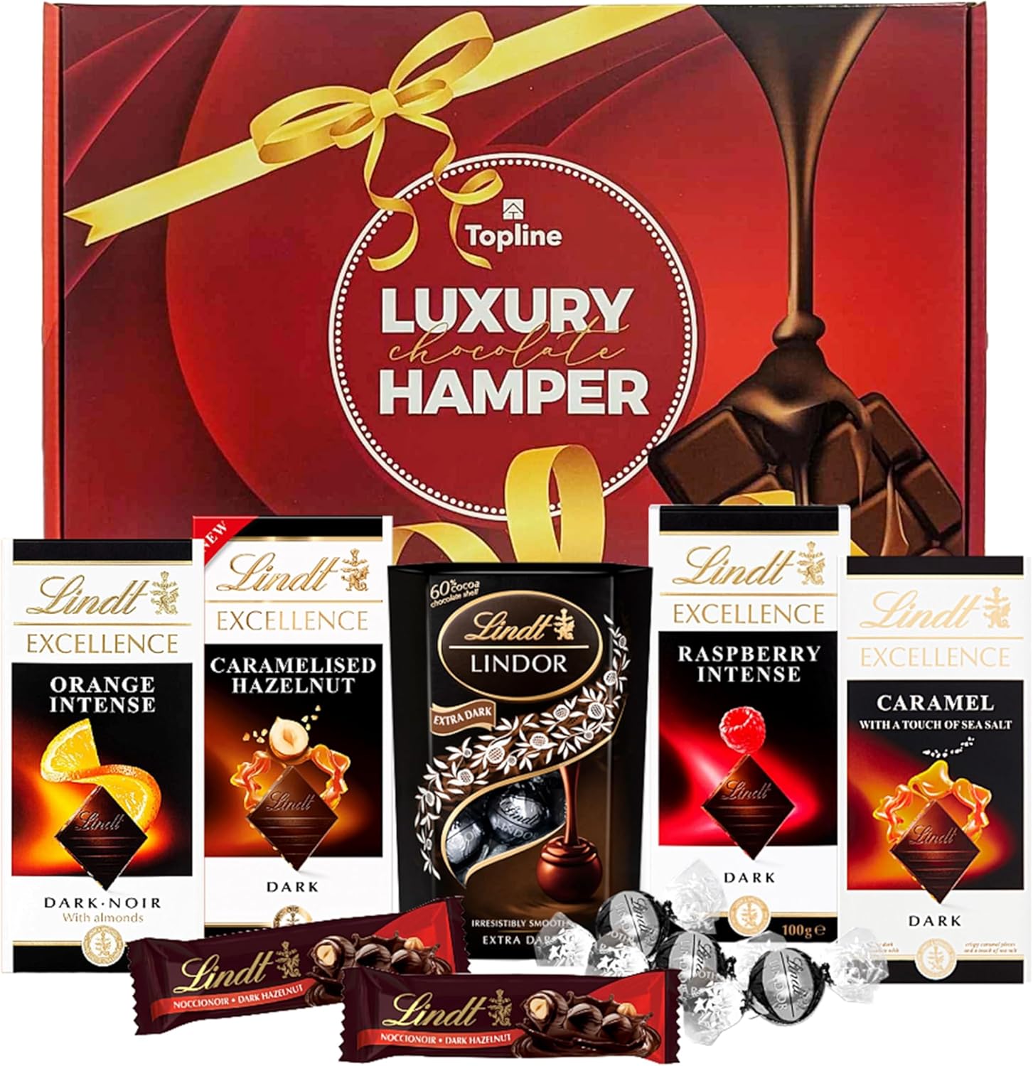 Dark Chocolate Hamper Gift Box - Irresistible Smooth 4 x 100g Caramel, Orange, Raspberry & Hazelnut Flavour Chocolate Bars, Chocolate Truffles 200g & 2x35g Hazelnut Bars. Mothers Day Gifts for Mum