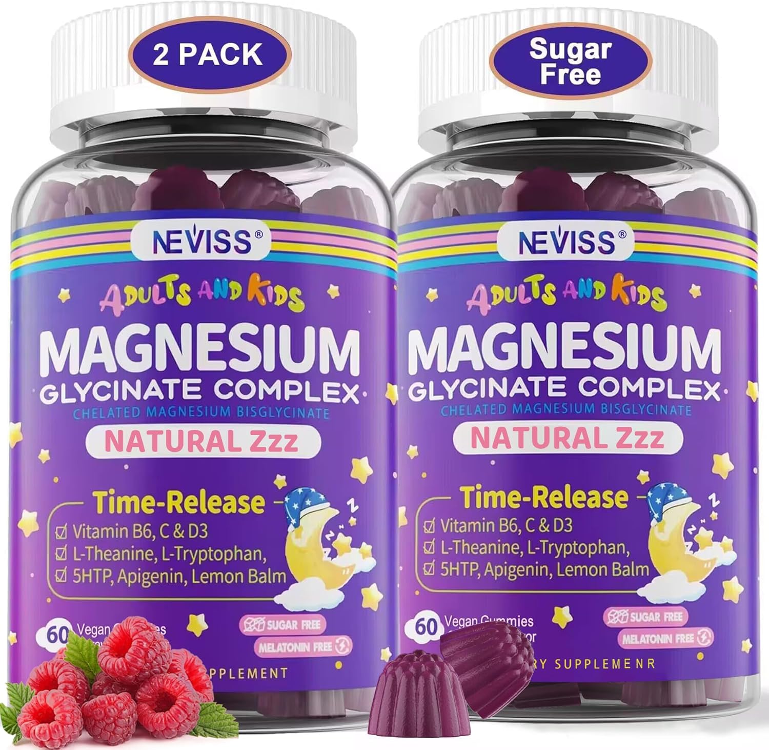 Magnesium Glycinate Gummies for Adults & Kids 4+, Sugar Free Magnesium Bisglycinate Supplement 400/200mg with B6D3, 5HTP, L-Theanine for Sleep & Relaxation, Brain, Muscle, Melatonin Free Gummies,2Pack