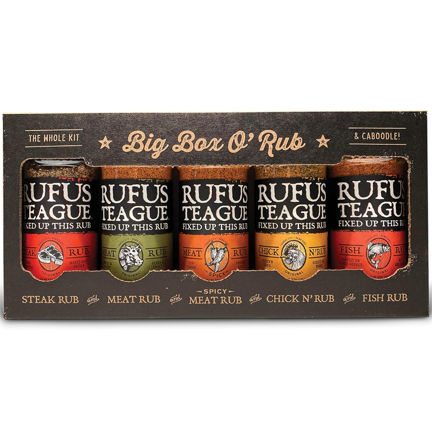 Rufus Teague BBQ Seasoning Gift Set, Big Box O' Rub BBQ Dry Rub for Smoking and Grilling Meat, 5 Flavor Spice Set, Gifts for Men Who Like Grilling